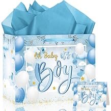 Woosytoo Oh Baby Its a Boy Gift Bag with Tissue Paper and Card Large Blue Baby Boy Gift Bag 11.8" Cute Balloon Cloud Theme Present Wrapping Bag for Baby Shower Newborn Gender Reveal Party Supplies