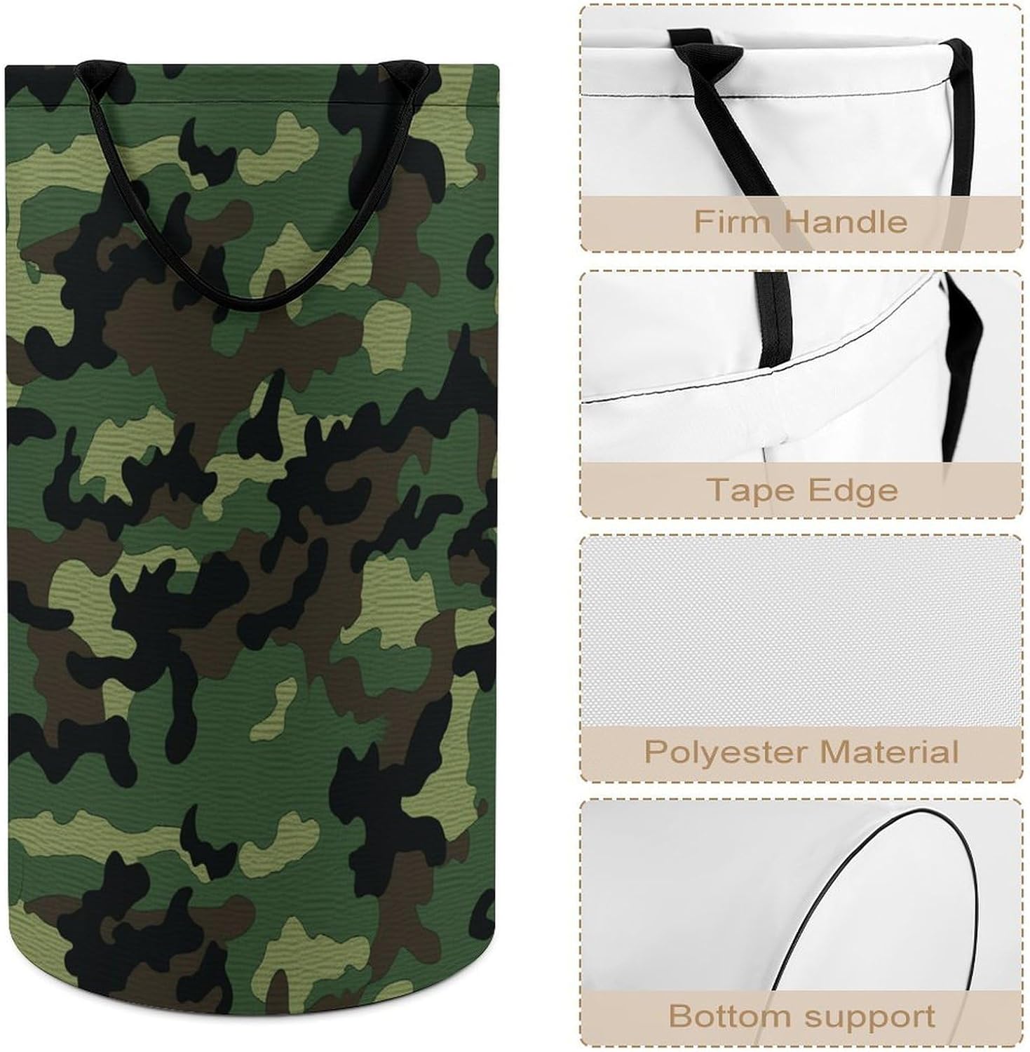 Green Military Camo Laundry Hamper with Handles Waterproof Collapsible Laundry Basket Large Lightweight Round Dirty Clothes Hamper for Home Dorm Bathroom Decor
