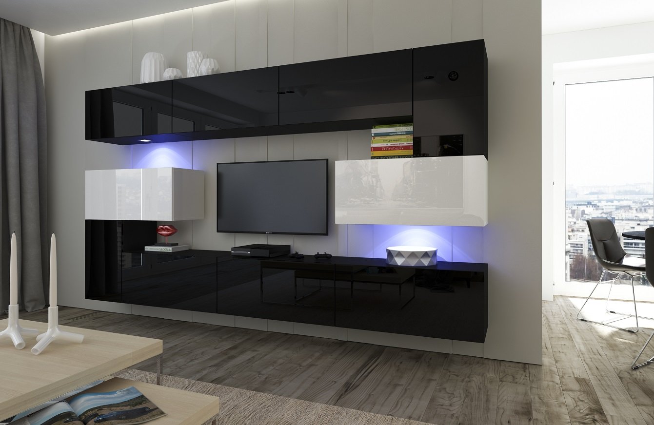 FURNITECH Albania AN3 meblościanka, meblościanka, szafka ścienna, meblościanka, meblościanka, z oświetleniem LED, do salonu (LED, biała, AN3-17BW-HG24 1A)