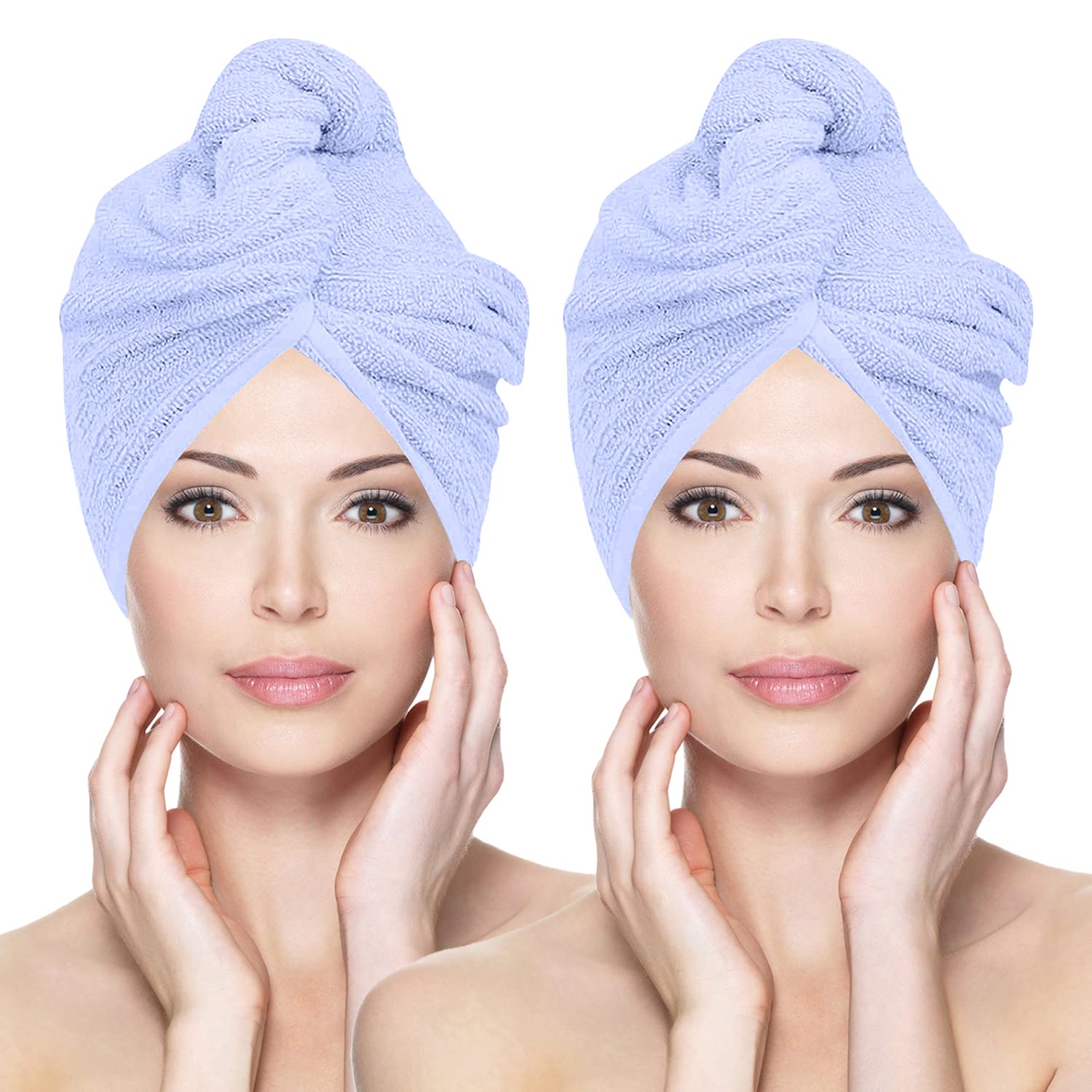 Glamza Microfibre Hair Towel Wrap Super Absorbing Twist Turban Hair Wrap with Buttons for Fast Drying Hair (2 PACK (LARGE) - BLUE)