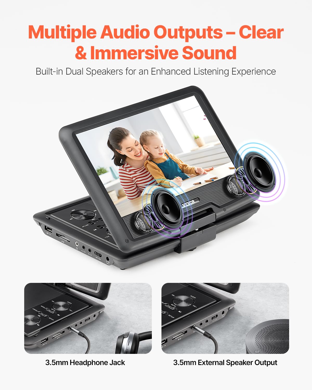 VEVOR tragbarer DVD-Player mit drehbarem HD-Bildschirm (256 mm), eingebauter Akku mit 4 Std. Laufzeit, 2 Lautsprecher, unterstützt Synchronisierung von TV/USB/SD-Karte/CD/DVD, Autoladegerät schwarz