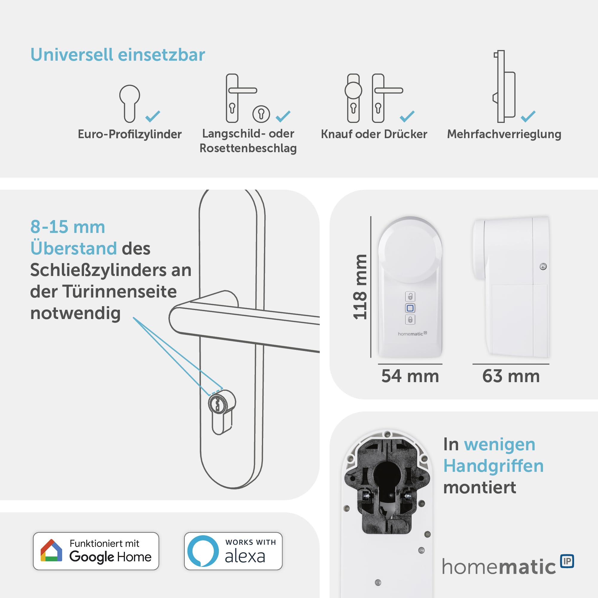 Homematic IP Türschlossantrieb, Smart Home, elektronisches Türschloss, Smart Lock nachrüstbar ohne Umbau, Türöffner steuerbar per App, Alexa & Google Home, 154952A0 | Smart Home, elektronisches Türschloss, Smart Lock nachrüstbar, Türöffner mit App-Steueru