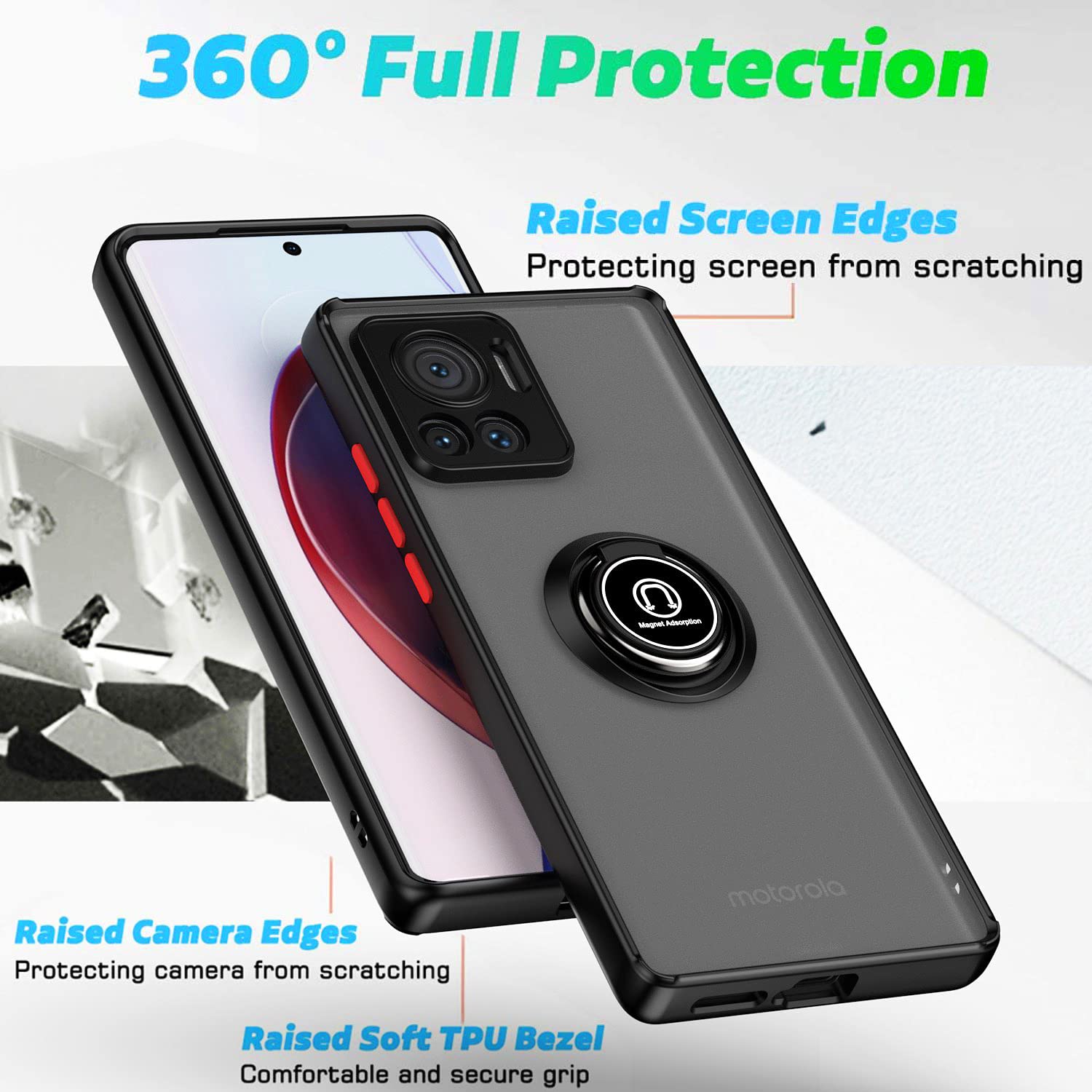 XINYEXIN Cover per Motorola Edge 30 Neo/Edge 30 Lite, Traslucida Custodia Antiurto Antigraffio con Supporto Anello a 360°, PC + TPU Bumper Case - Blu Cielo