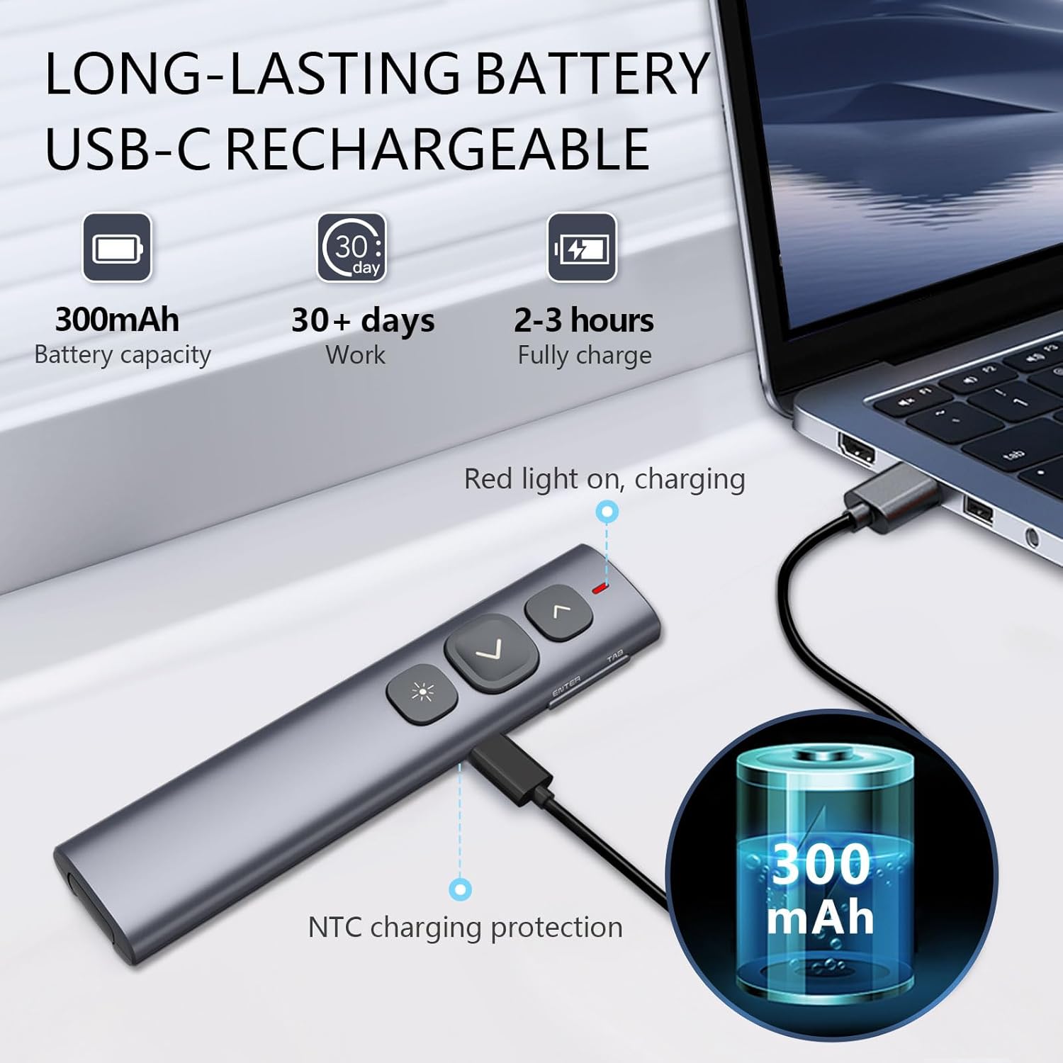 Norwii N95 Presentation Clicker being charged via USB-C cable connected to a laptop, highlighting its 300mAh battery capacity and long-lasting performance