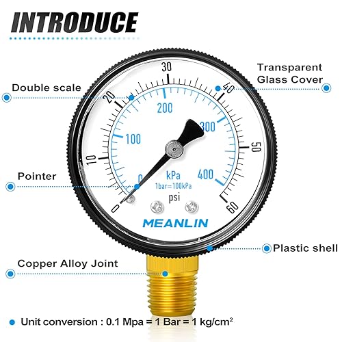 Vista 65 de MEANLIN MEASURE Marco de plástico de 0 ~ 60 psi, medidor de presión de arranque NPT y filtro limpio, adecuado para piscina, spa, acuario, montaje