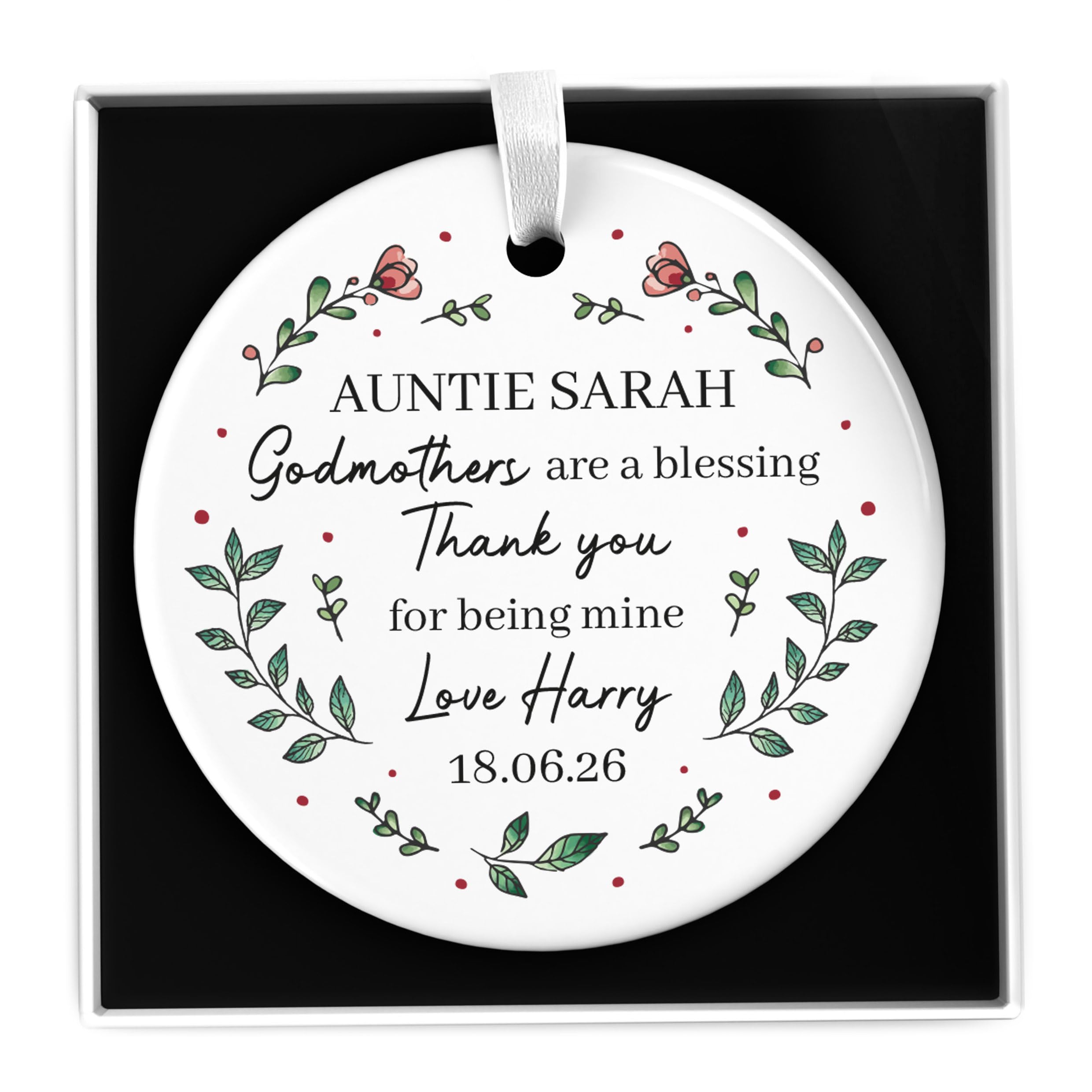 Beecreative Personalised Godmother Presents from Godchild, Godmother Thank You Gift, Christening Baptism Gift For Godmother, Birthday Christmas Mothers Day Ceramic Ornament With Gift Box