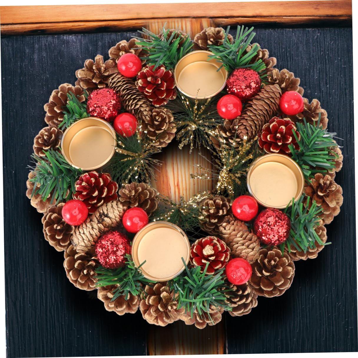 Ciieeo Christmas Candlestick Garland 27cm Handmade Wreath Decorative Candleholder for Desktop Home Seasonal Decor