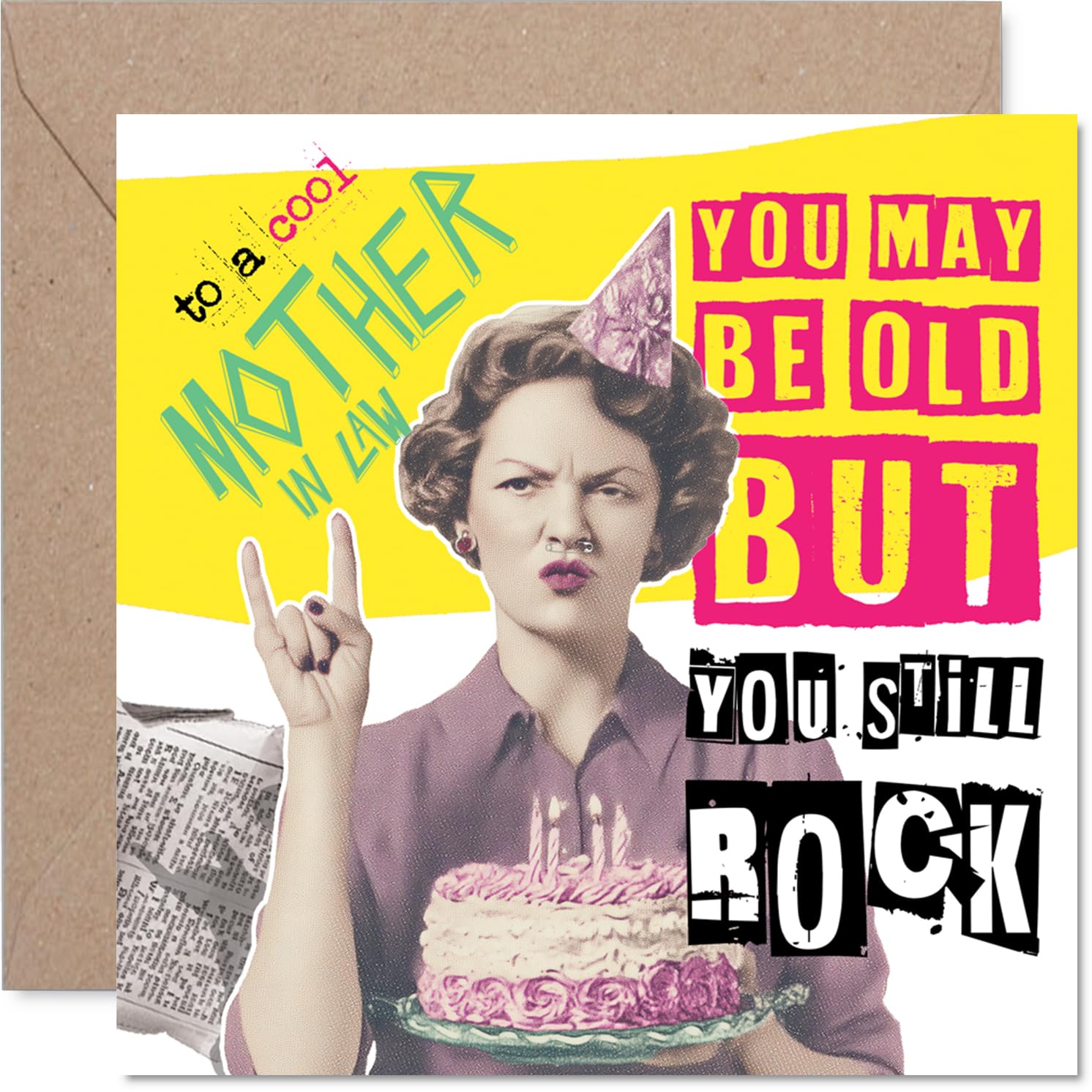 Cheeky Birthday Card for Mother in Law - Retro Birthday Fun - Humorous Design with Sassy Slogan and Cake-toting Lady - Sure to Get a Giggle - 145mm Square, Envelope Included
