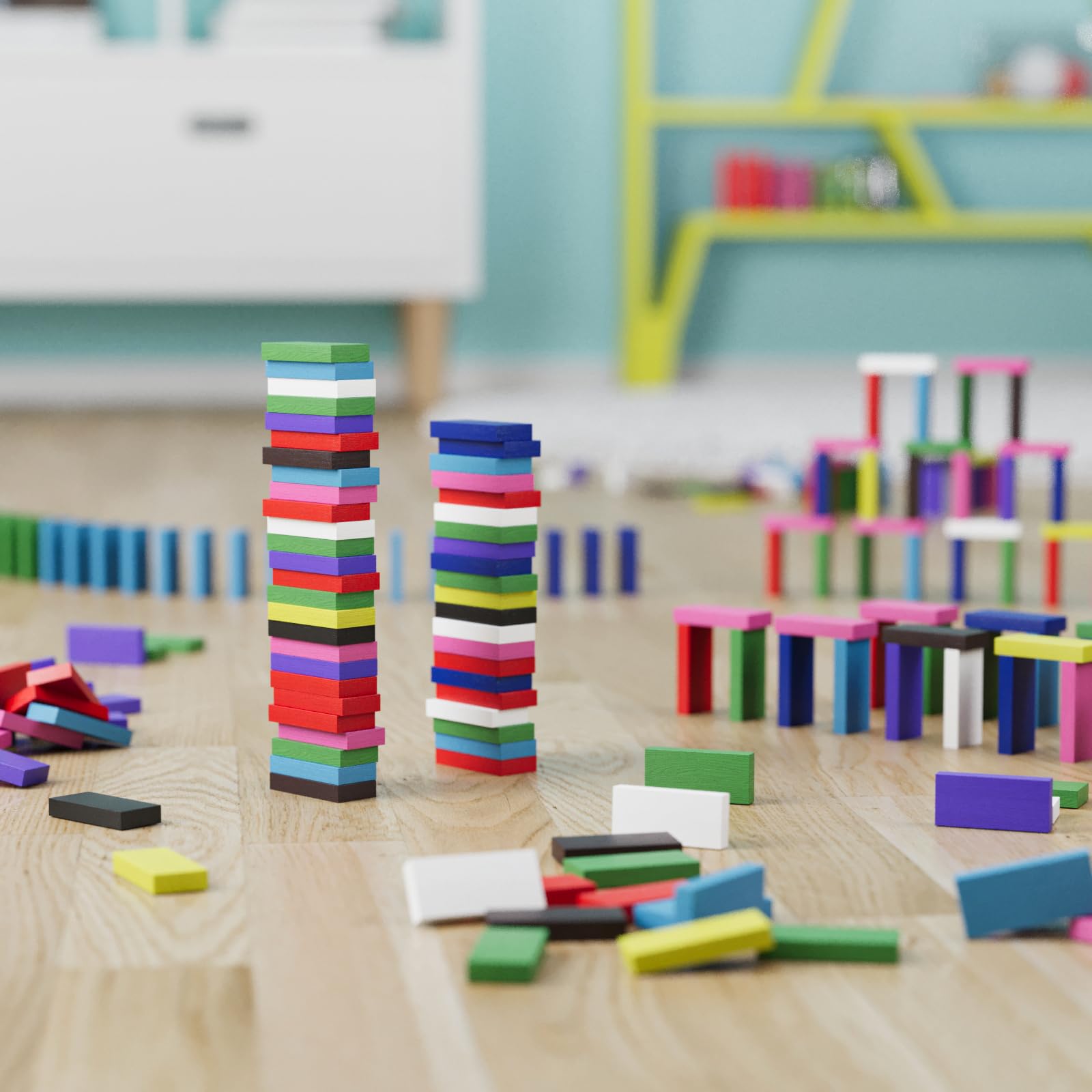 WELLGRO Domino - Mattoncini da costruzione in legno di pino ecologico, con sacchetto, blocchi di legno, colore atossico, numero di pezzi: 1200 pezzi