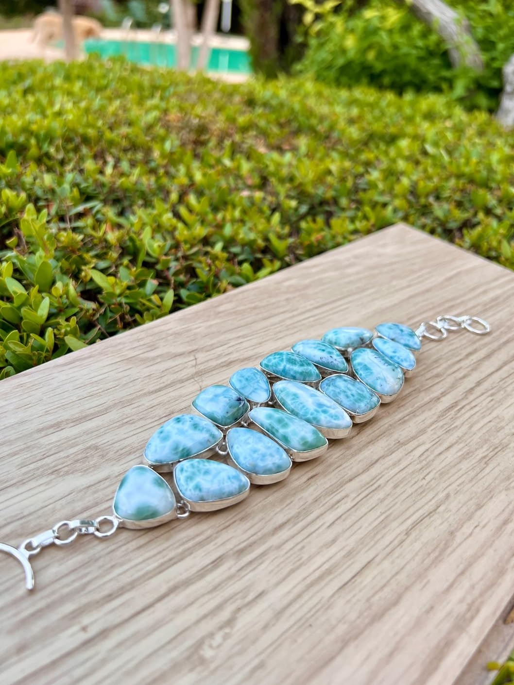 Larimar bransoletka damska z naturalnym niebieskim kamieniem szlachetnym, ręcznie wykonana, ze srebra wysokiej próby 925, regulowana, larimar, srebrna bransoletka larimar, regulowana, srebrna