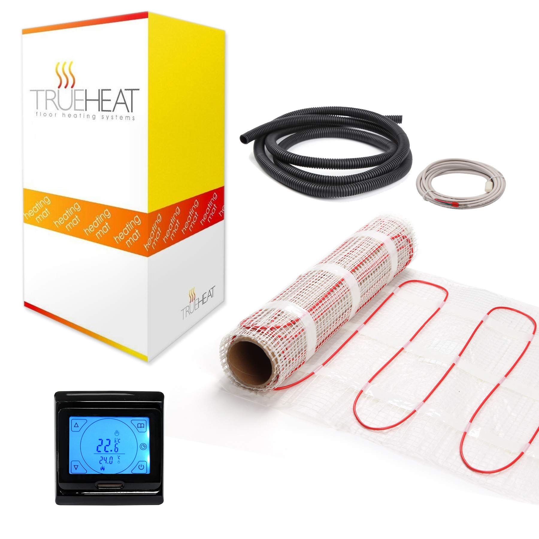 Electric Underfloor Heating Mat Kit for Tile or Stone Floors 200W/m2-4m2 with Black Touchscreen Programmable Thermostat