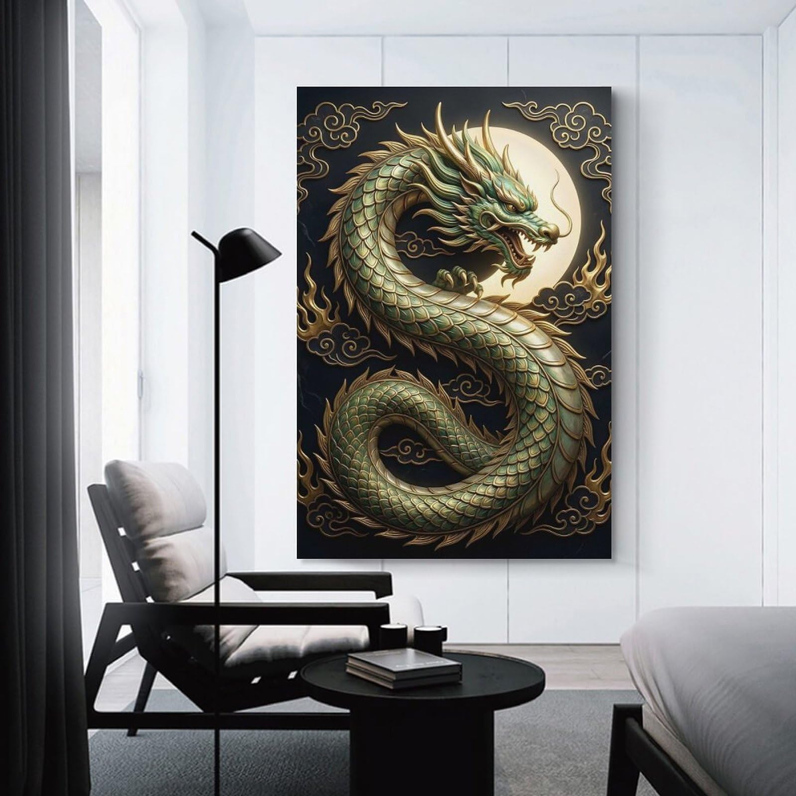 Junmoney Green Dragon with Golden Ornaments Room Decor Wall Art, 24x36inch(60x90cm), for Office, Study Or Home Workspace, A Smart Decor Choice for Study Walls