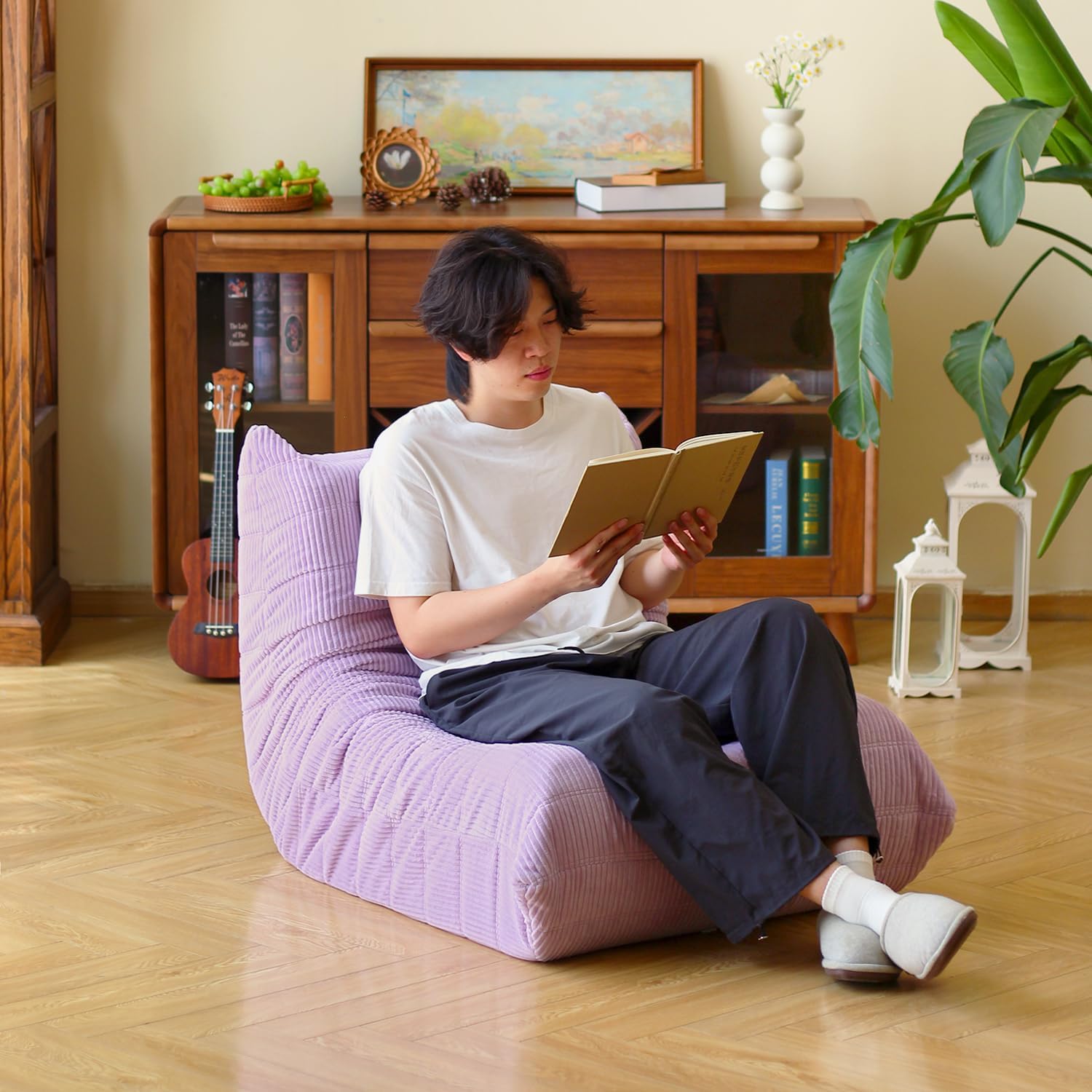 N&V Fireside Floor Sofa- Mid-Century Modern Armless Lounge Chair with Premium Soft Corduroy Fabric, Plush Foam Cushion Accent Chair for Living Room, Bedroom & Office (Lavender)