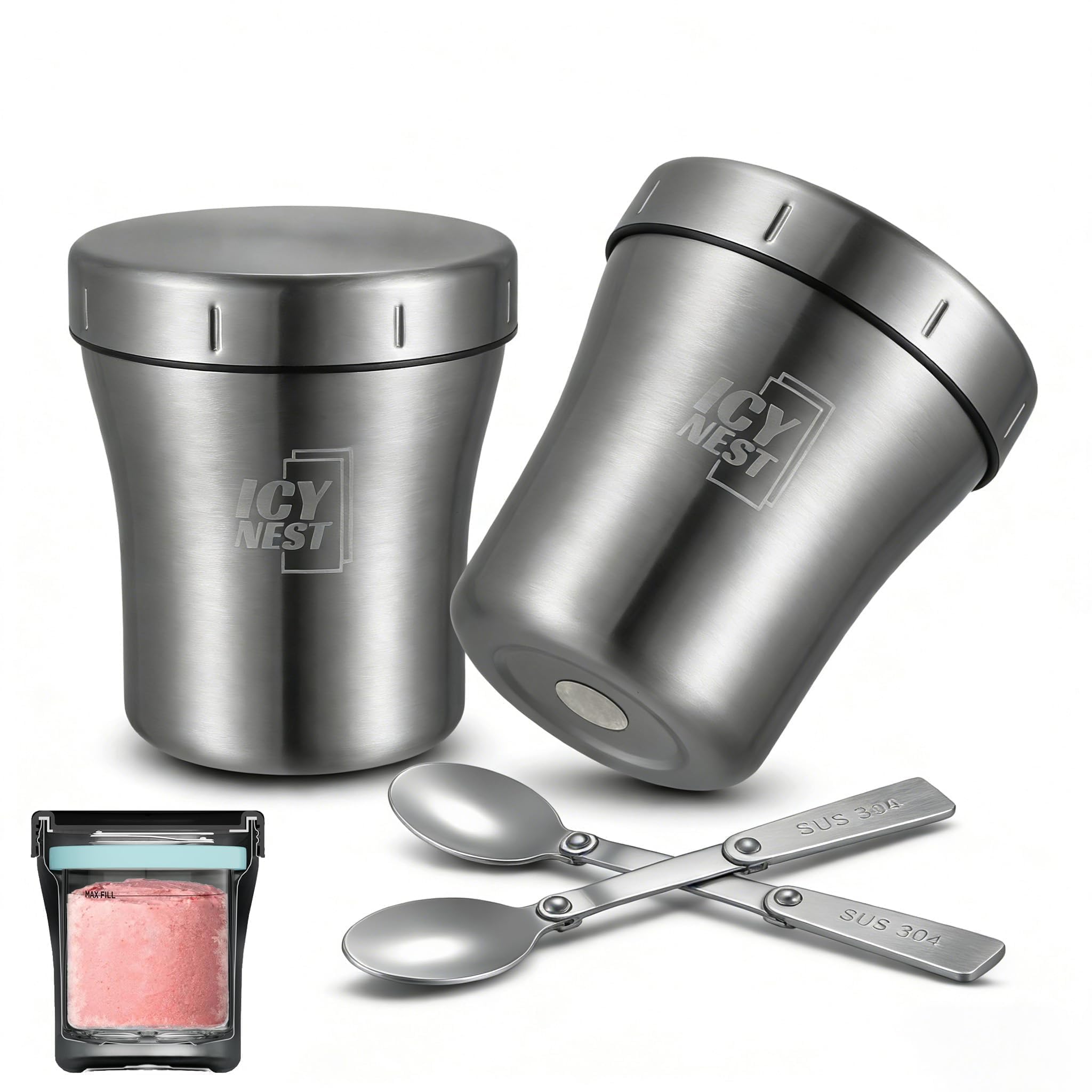Photo 1 of 2 Pack Ice Cream Pint Cooler for Ninja Creami, Vacuum Insulated Double Wall Stainless Steel Pint Holders, Compatible with NC299 NC300 NC301 Pints, Keep Ice Cream Frozen Longer