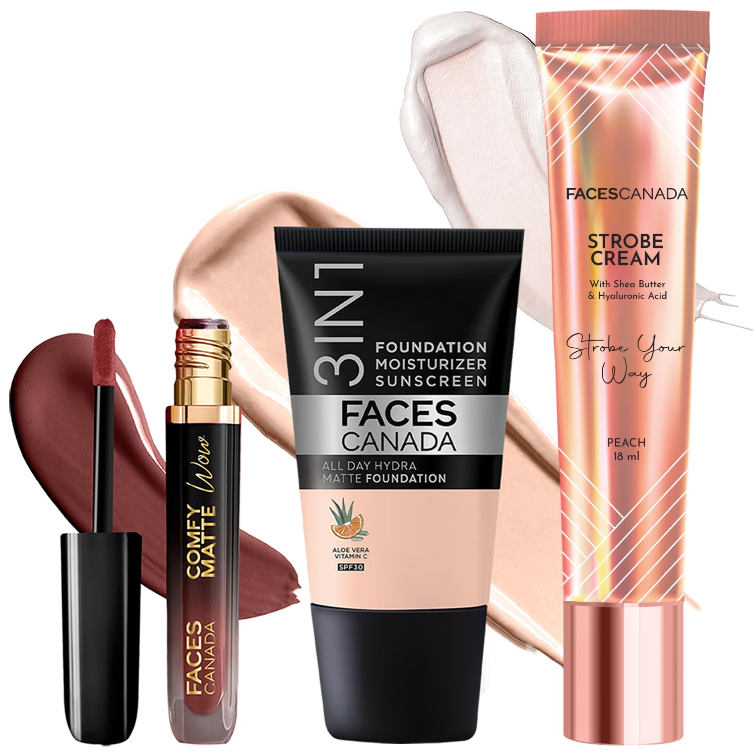FACES CANADA Soft Glam Essentials | Peach Strobe Cream, 18ml + Hydra Matte Foundation - Absolute Ivory, 18ml + Comfy Matte Wow Liquid Lipstick - Cocoa Crush, 3.8ml | Illuminating & Glowing Makeup Kit-picture-52