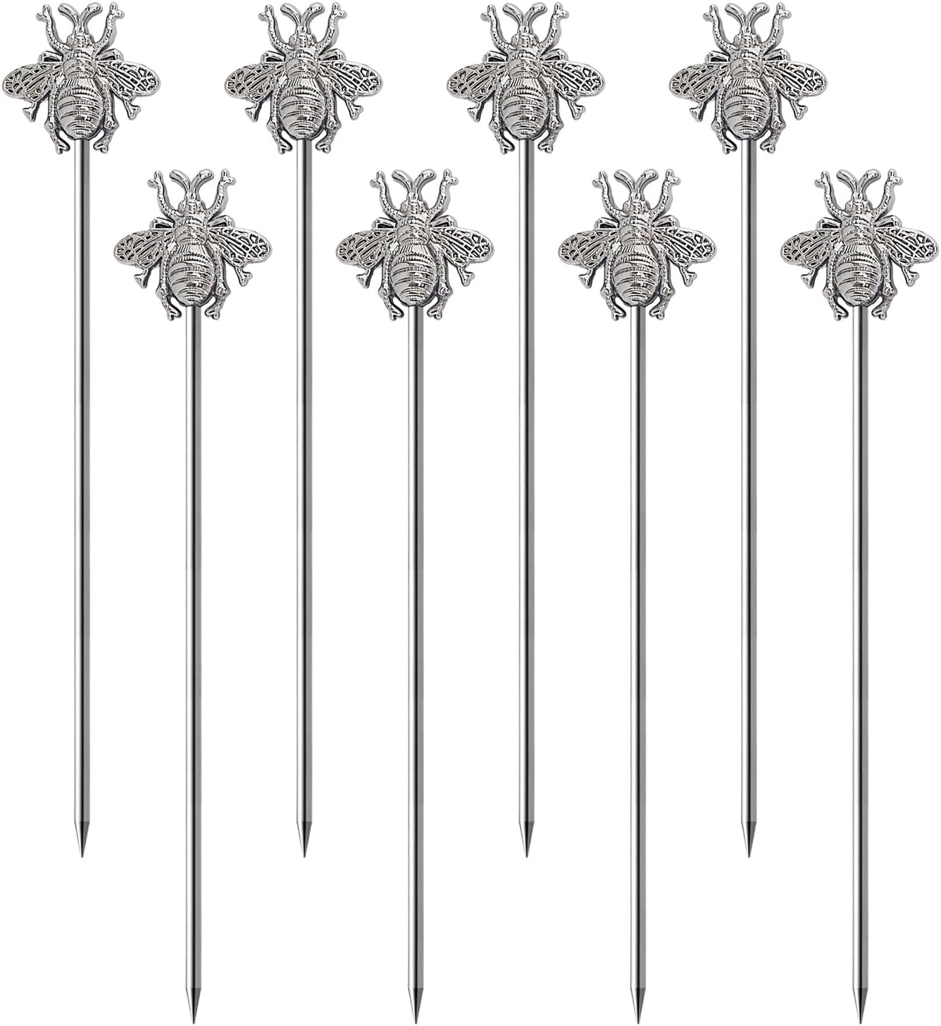 8PCS Bees Cocktail Picks - Stainless Steel Reusable Drink Skewers for Martini, Cocktails, Appetizers & Fruit Garnish - Metal Cocktail Toothpicks for Beverages & Party Decor(Silver)