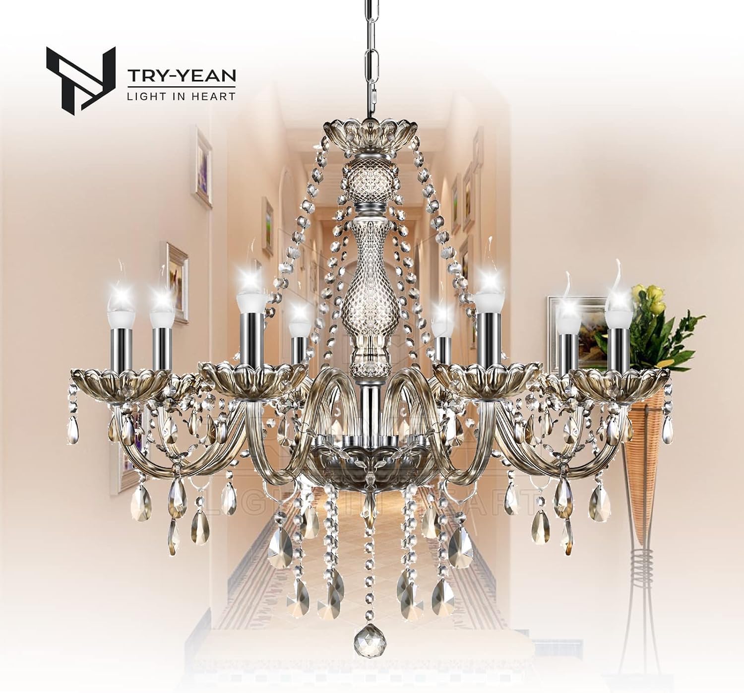 Lustre à 8 Bras Lustre Cristal Moderne Couleur Cognac Pampille Suspension Lampe de Plafond Verre Cristal K5 avec Chaîne Réglable pour Chambre, Salon, Salle à Manger, Restaurant, E14