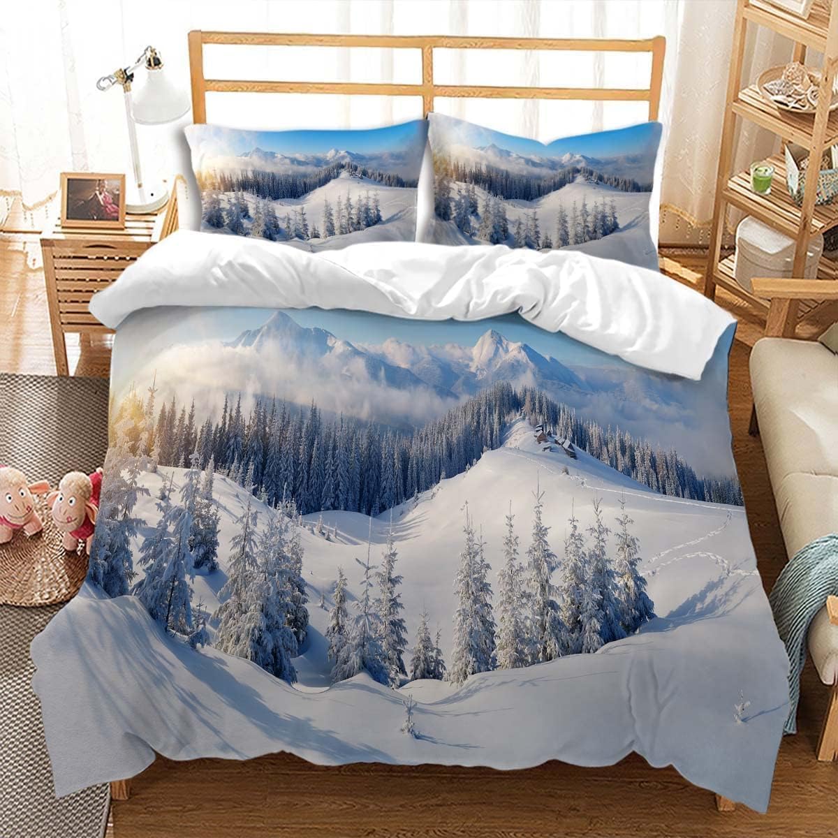 Set Copripiumino Matrimoniale 240x220 Montagne Innevate Microfibra Morbida Biancheria da Letto Stampa 3D Paesaggio Invernale Copripiumino con Cerniera con 2 Federe 50x80 cm e.264