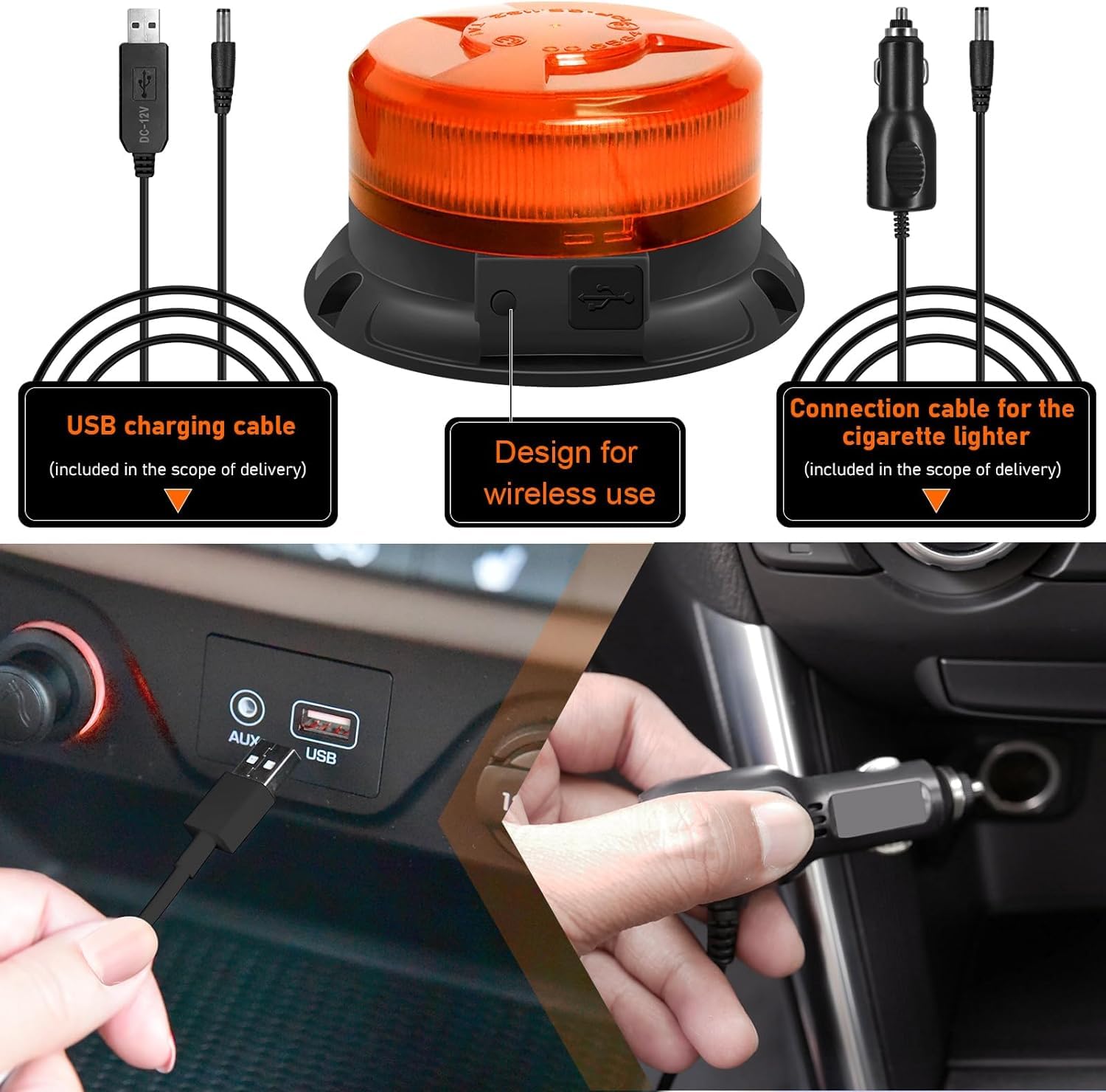 rotativo led bateria,12V rotativo luz led estroboscópica con 9 modos de intermitencia, mando a distancia, Encendedor y cable USB para tractor de golf SUV camión elevador
