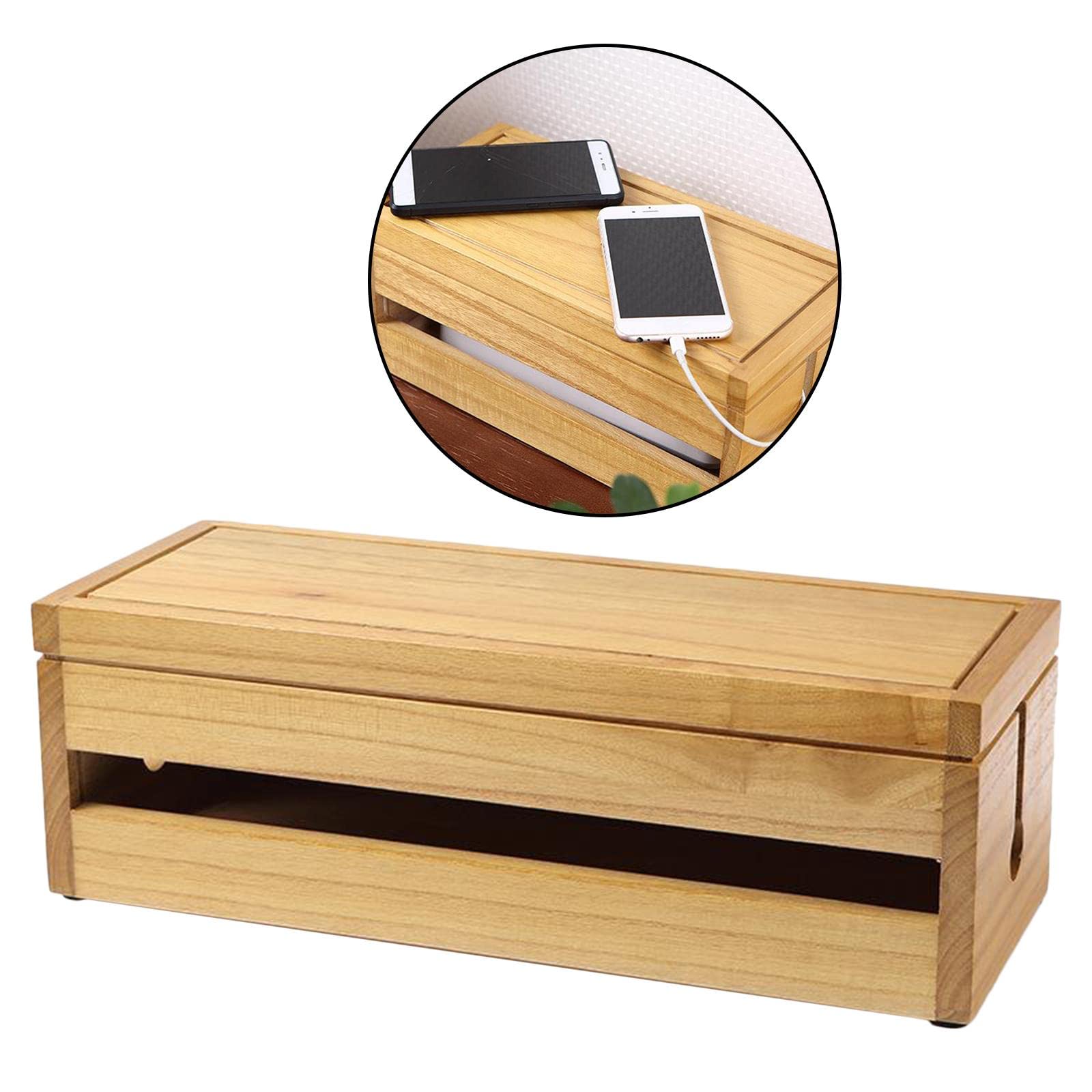 Fenteer Kabel Management Box Organizer für Schnüre, Groß Holz Kabelbox Bambus, um Ladegeräte & Steckdosenleisten sowie Kabel verstauen Kabelmanagement, 37,7x14,3x12,3 cm