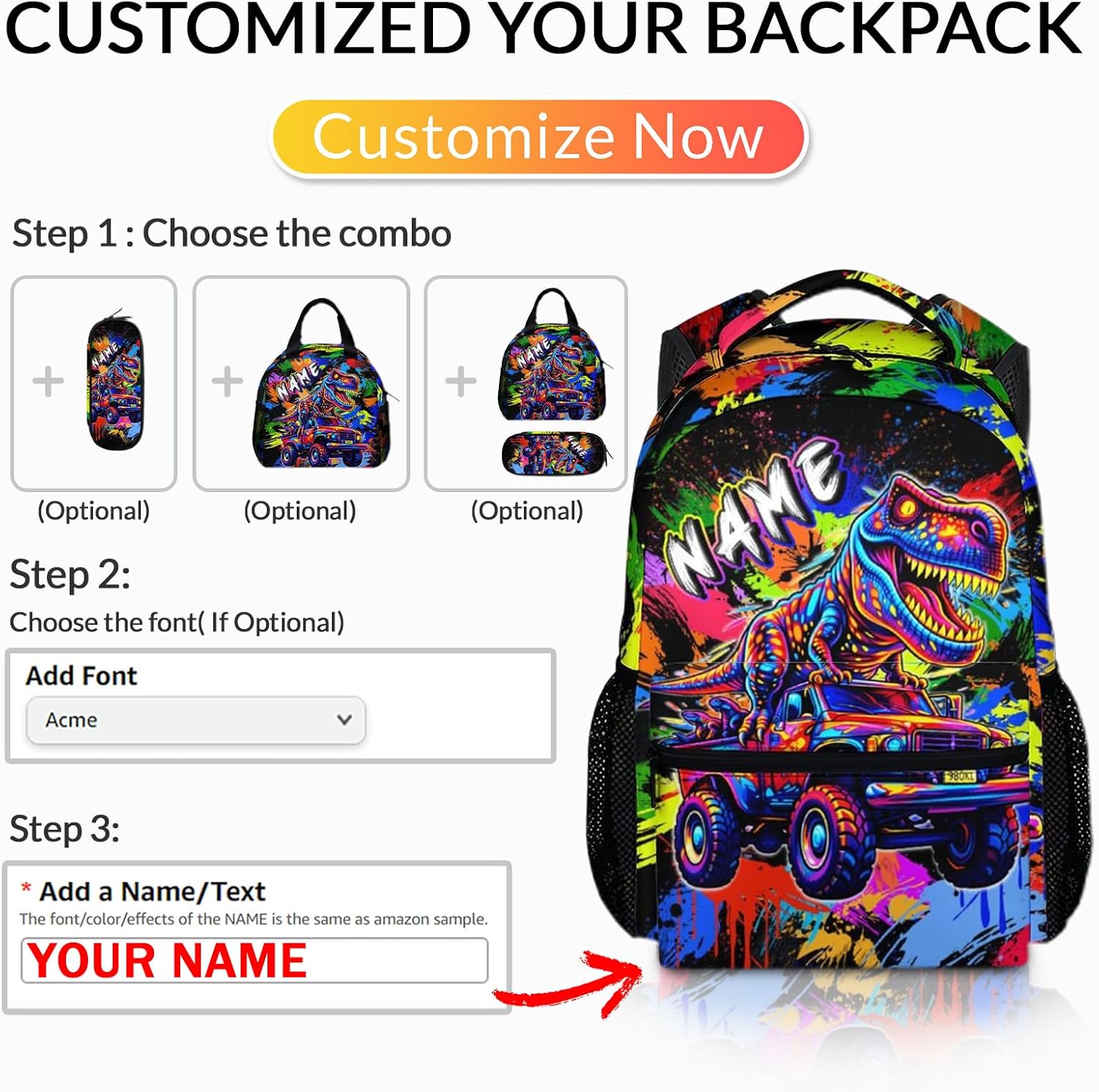 School Backpack for Boys Personalized Dinosaur Backpacks for Toddler Kids, Custom Bookbag Cool Back Pack for Preschool Kindergarten Elementary Primary
