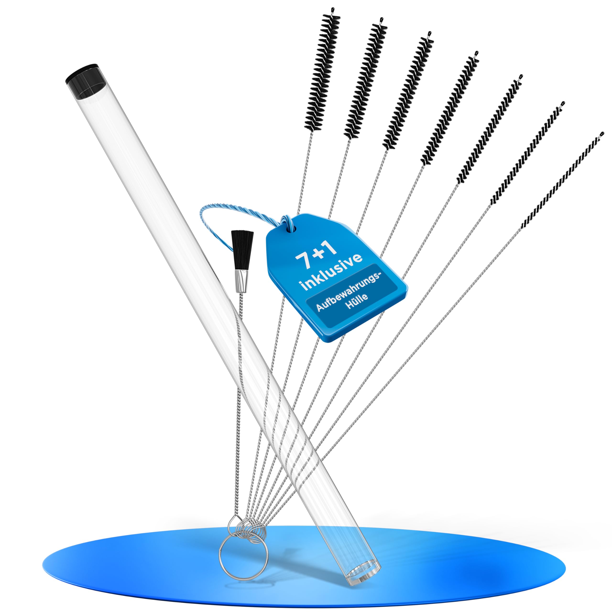 LOBENSWERK Strohhalm Bürste [7 + 1] für kleine Zwischenräume, mini Bürste, Milchschlauchbürste, Pfeifenreiniger, Reinigungsbürste Kaffeevollautomat + Aufbewahrungshülle, Schwarz