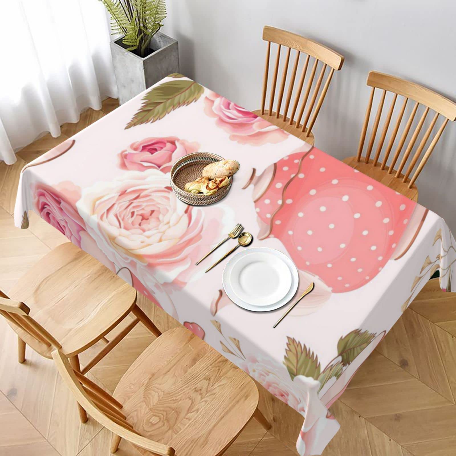 BNVSADC Tea Cups with Roses Romantic Shabby Printed Rectangle Tablecloth 228x152 CM, Water Resistant Polyester Table Cloth Decorative Fabric Table Covers for Kitchen Dining Table Parties Camping