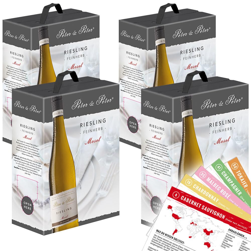 Peter & Peter Riesling QbA, feinherb, 2022, 12 Liter sortenreines Weinpaket (4 x 3 Liter Bag-in-Box) + VINOX Wine Cards