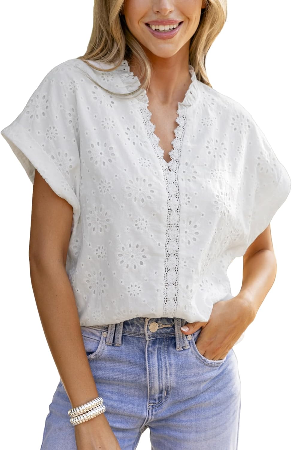 CUPSHE Womens Short Sleeve Blouse Shirt Rolled Sleeve V-Neck Eyelet Lace Tops Stand-Up Collar 100% Cotton Comfortable Ruffles Casual Summer Ladies Tops Fashion 2025