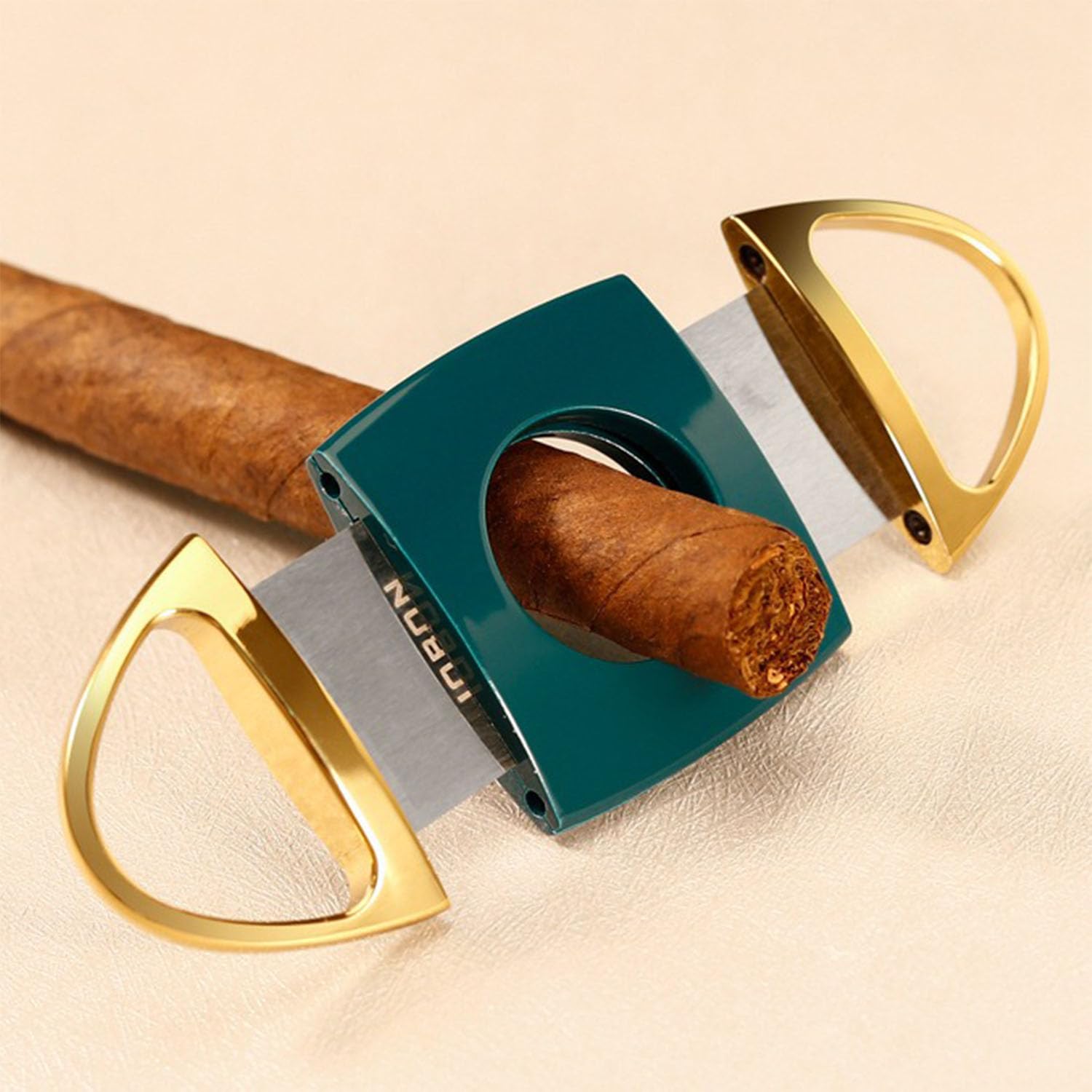 Cigar lighter and cutter Ashtray 3 Piece Set Green Jet Torch Refillable Lighter with Blue Flames Ceramic Ashtray