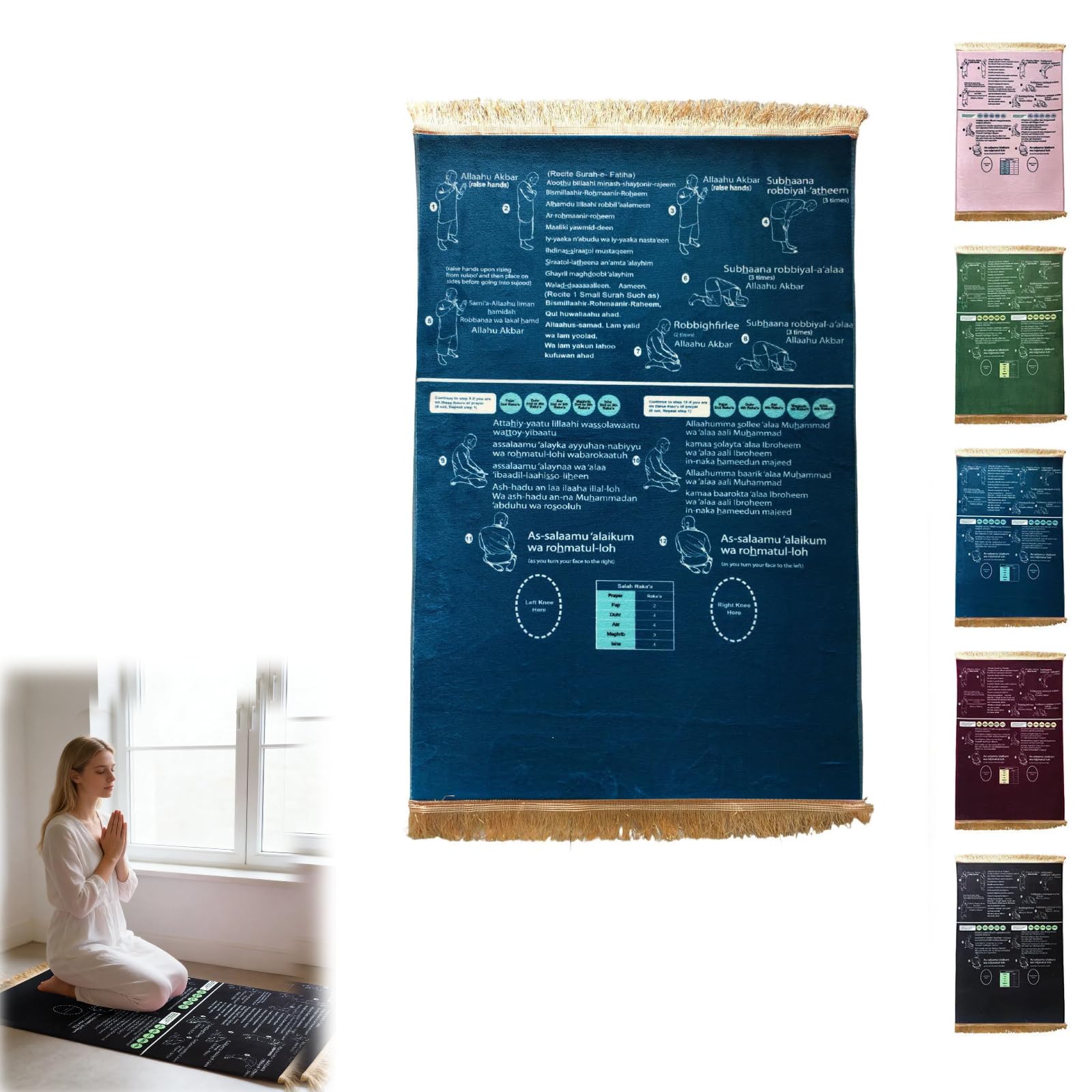 Tapis de priere guide bilingue bleu apprentissage Salah enfant