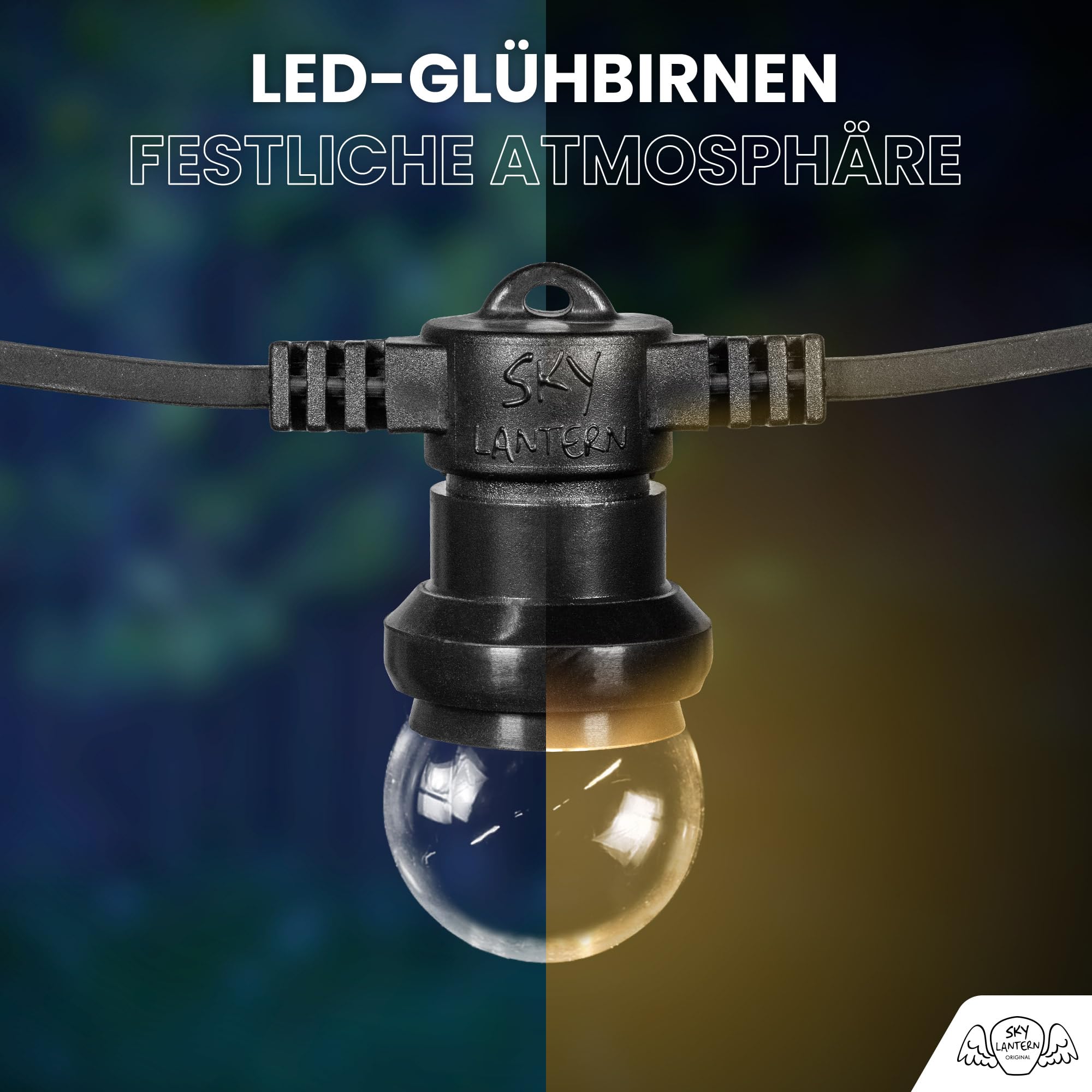 SKYLANTERN® Partylichterkette 20m Außen Warmweiß dimmbar – IP65 wasserdicht & erweiterbar – Profi-Qualität LED Lichterkette mit 40 E27 Glühbirnen (50 cm Abstand) – für Garten, Terrasse & Hochzeit