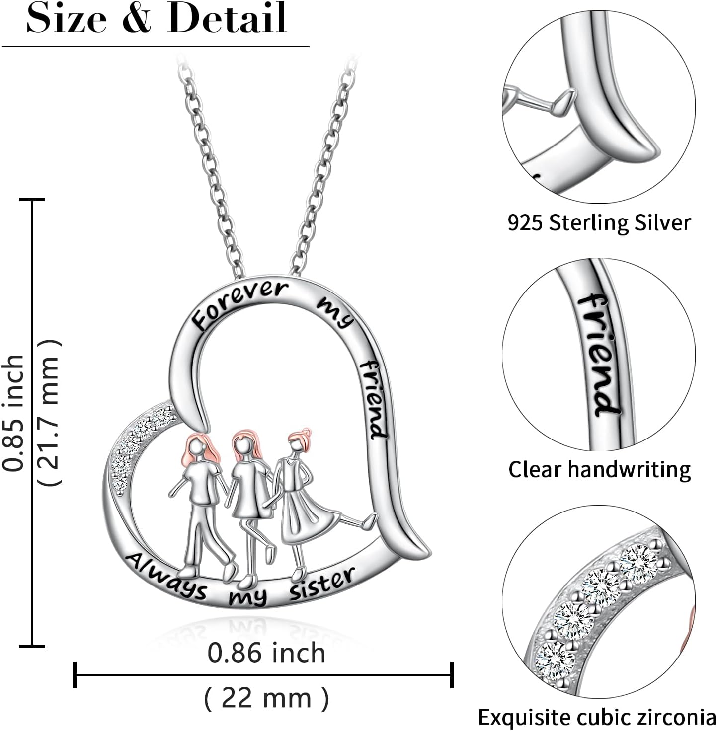 Sister Necklaces for Women 925 Sterling Silver Love Heart Pendant Always my sister Forever my friend Necklace to Sisters Birthday Jewelry Gifts - Image 4