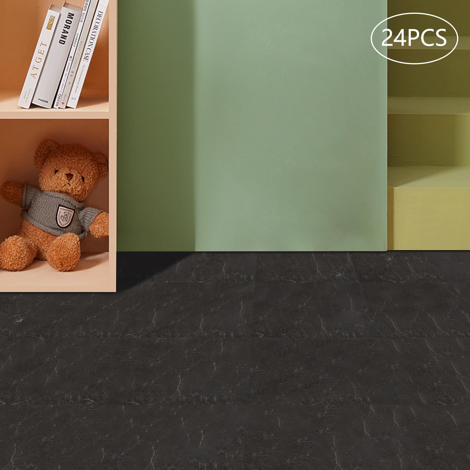 Baldosas autoadhesivas de PVC, 24 unidades (60 x 30 cm), 1,3 mm de grosor (aproximadamente 4,32 ㎡ de superficie de cubierta), color negro, grano de piedra, impermeable, moderno, para cocina y baño