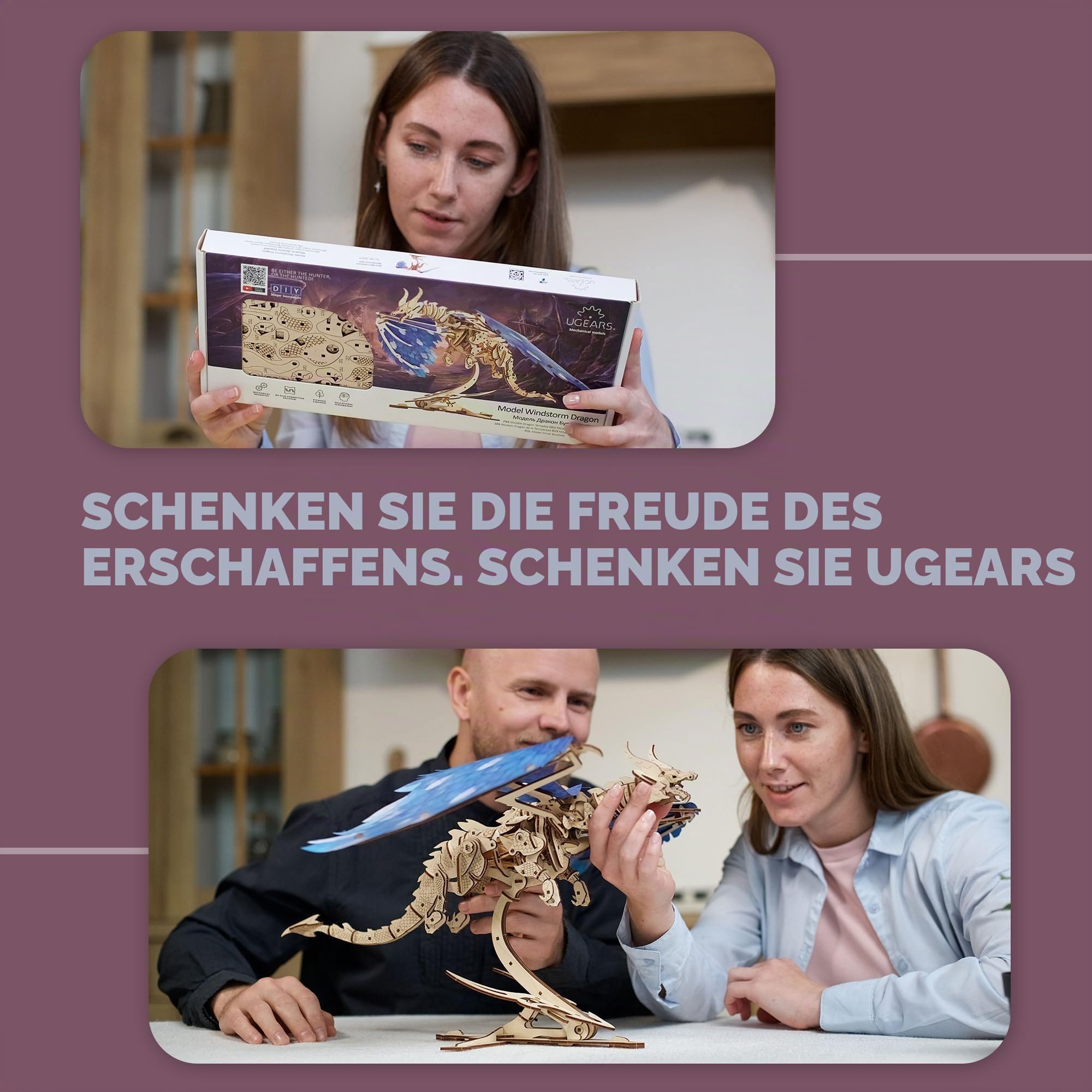 UGEARS 3D Holzpuzzle Erwachsene Sturmdrache Dragon 3D Puzzle Modellbausatz für Erwachsene und Jugendliche aus Holz DIY Mechanisches Holzbausatz Drachen Modell mit Gummibandmotor