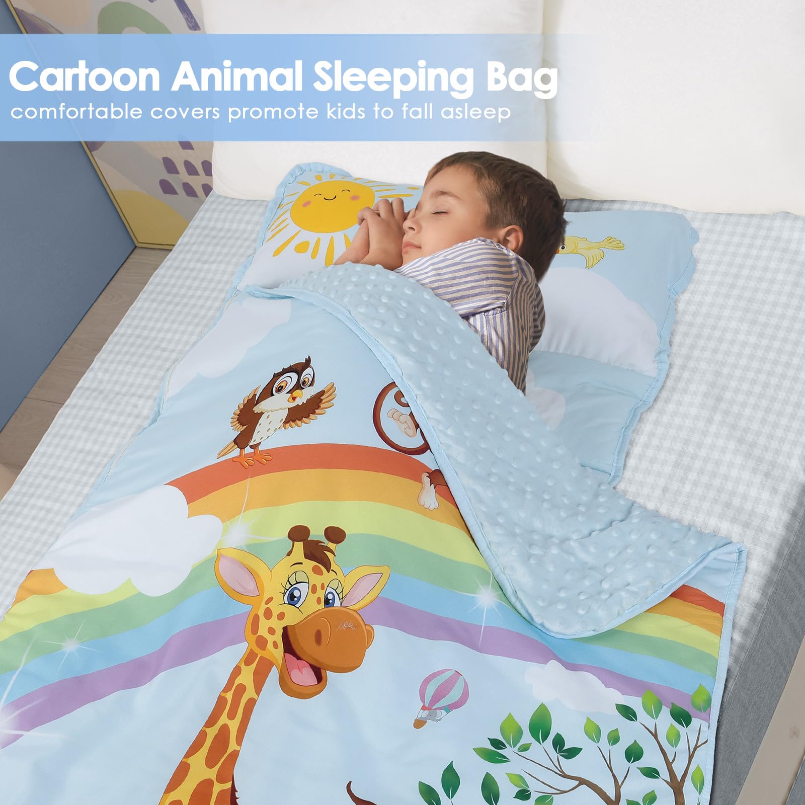 Saco de Dormir para Niños con Almohada y Manta Extra Gruesa Grande 2 en 1, Alfombrilla de Siesta para Niñas y Niños, Bolsa de Dormir Bebés para Preescolar Viajes Camping, Arco Iris Animal