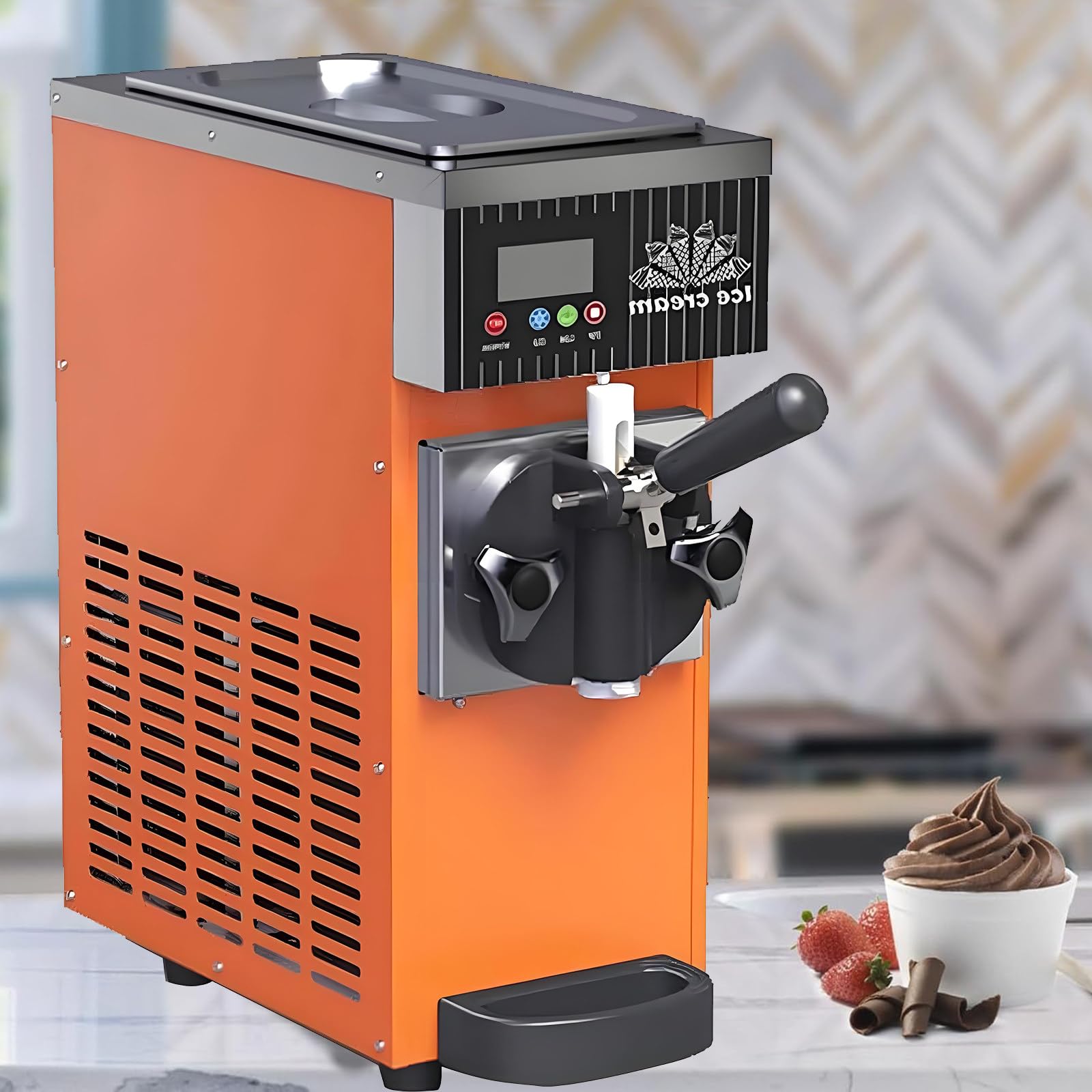 Machine à Glace Italienne Professionnelle 450 W, Machine à Glace Italienne avec pré-Refroidissement, Nettoyage Automatique, écran LCD,pour Restaurants,boutiques,Snacks,Mono-Parfum Orange