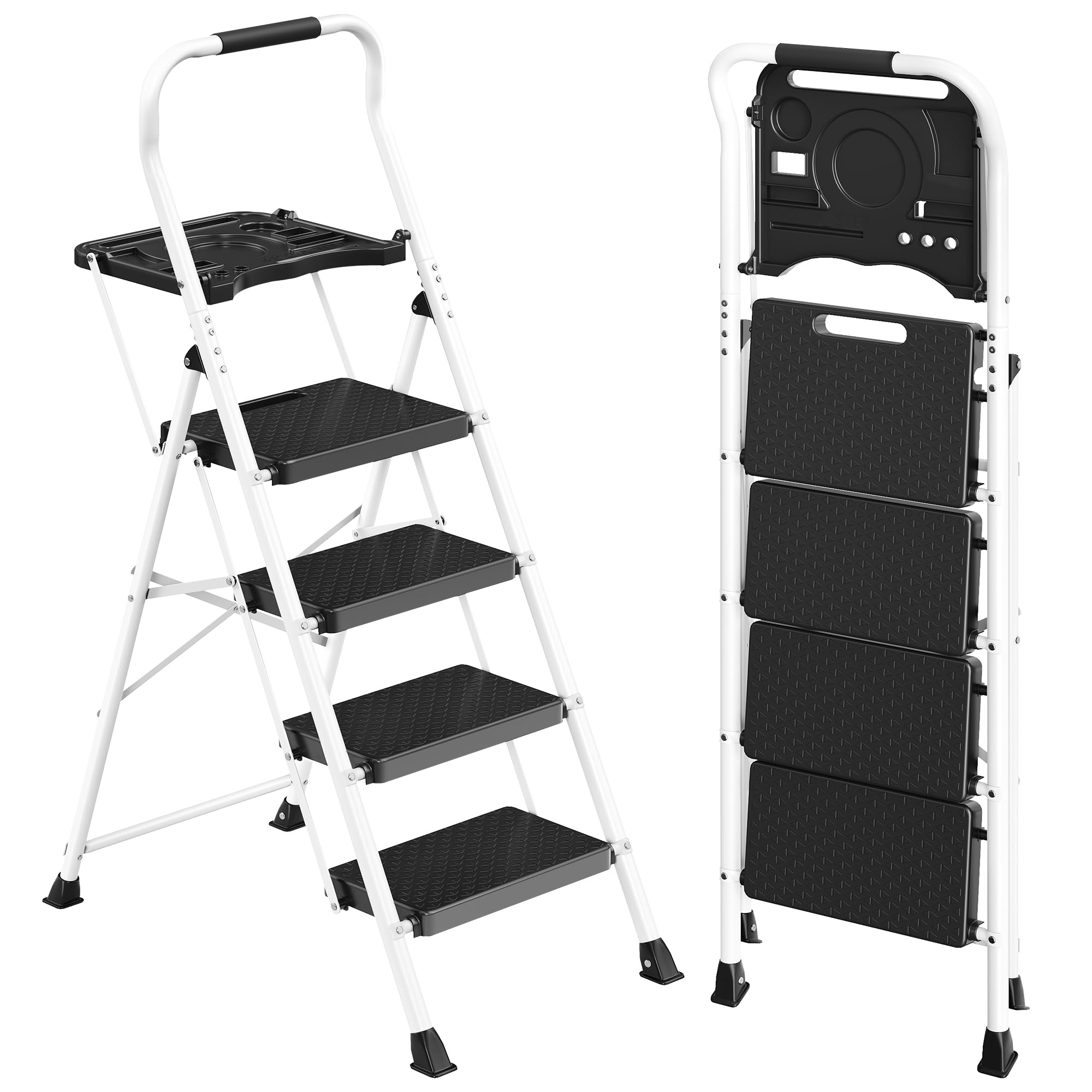 SONGMICS Drabina Składana, Stalowa, Nośność 150 kg, 161 x 45,5 x 7,5 cm | Drabina Domowa z Antypoślizgowymi Stopniami, Certyfikat GS, do Domu i Biura, Czarna, Kolekcja BRODY GSL204WZ01