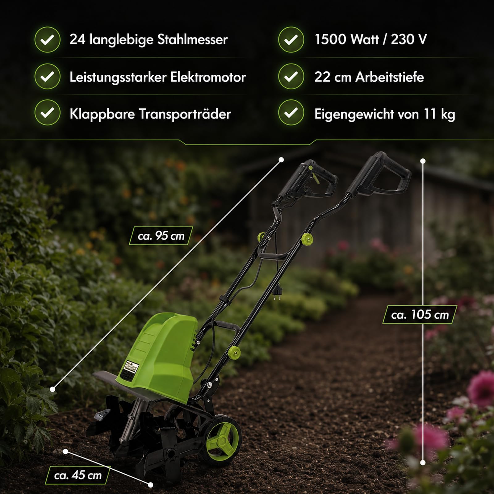 TRUTZHOLM Elektro-Bodenhacke 24 Stahlmesser 45cm breit 22 cm tief 1500W Netzbetrieb Transporträder klappbar Gartenfräse zur Bodenbearbeitung