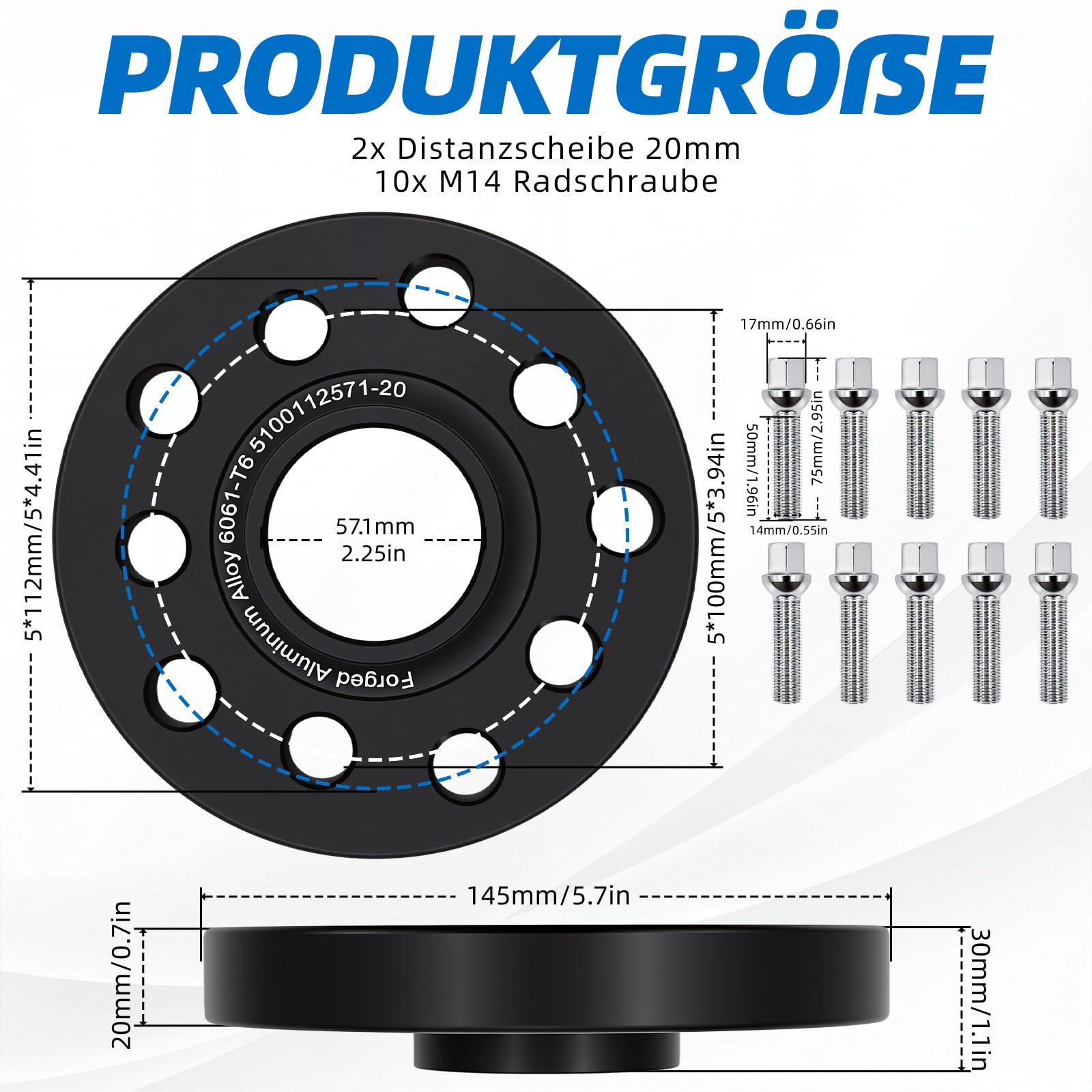 2x20mm Spurverbreiterung 5x100 & 5x112 Dual PCD 57,1mm Mittenloch inkl. M14x1,5 Radschrauben Schwarz für VW Golf Audi Seat Leon Skoda Octavia, schwarz.