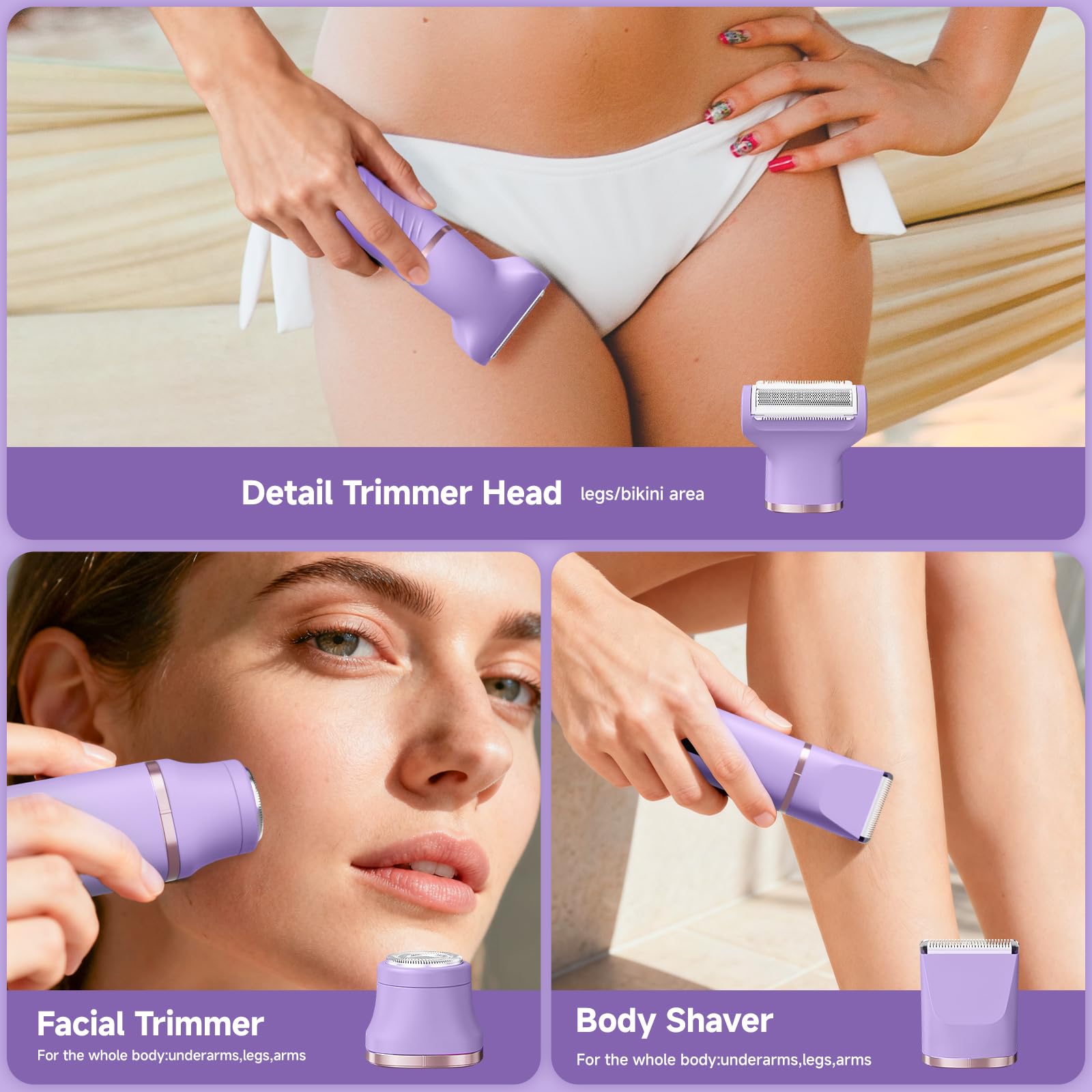 Rasoio elettrico indolore da donna, IPX7, impermeabile, senza fili, depilazione pubica, con dock di ricarica USB, per ascelle, gambe, braccia, corpo, viso, pelle setosa (lilla)