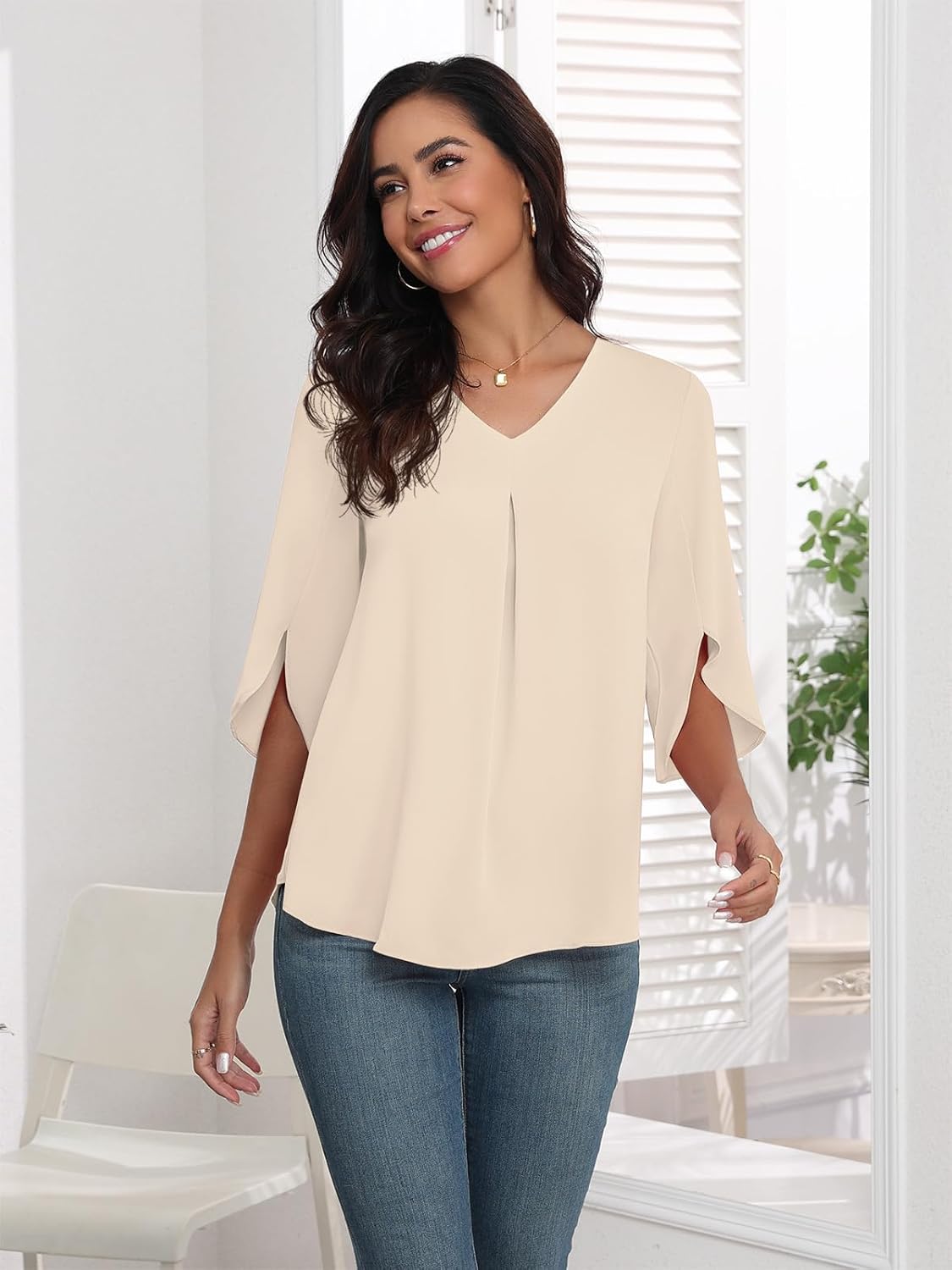 LAOLASI Womens Summer Chiffon Blouses 3/4 Sleeve V Neck Casual Loose Work Tops for Leggings 2025 Flowy Dressy Tshirts - Image 3