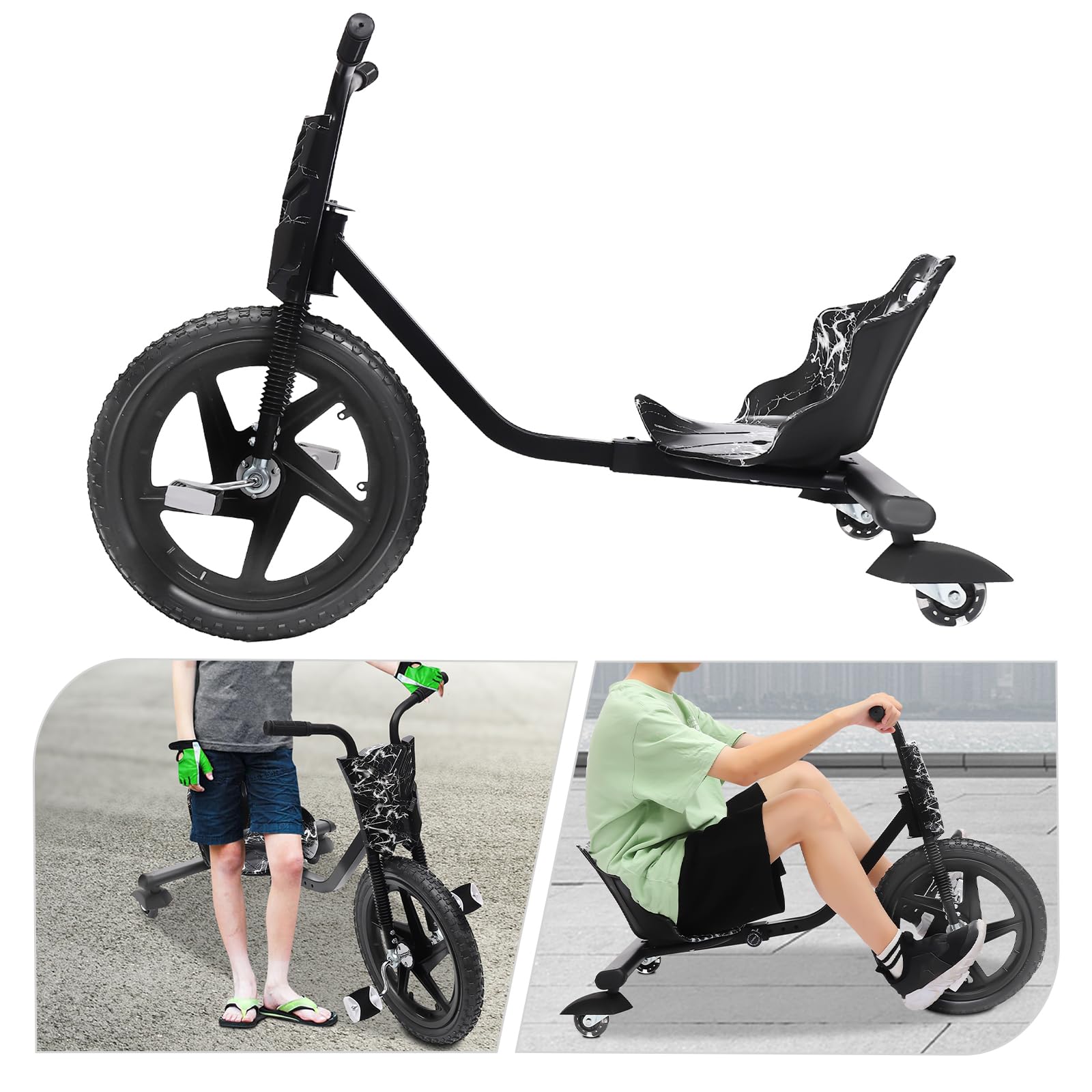 Drift Trike, 360° Drift Cart Tretauto mit Pedale Verstellbarer Schalensitz Schwarzer Blitz ab 6 Jahren für Straße Spielplatz Hof Park Outdoor
