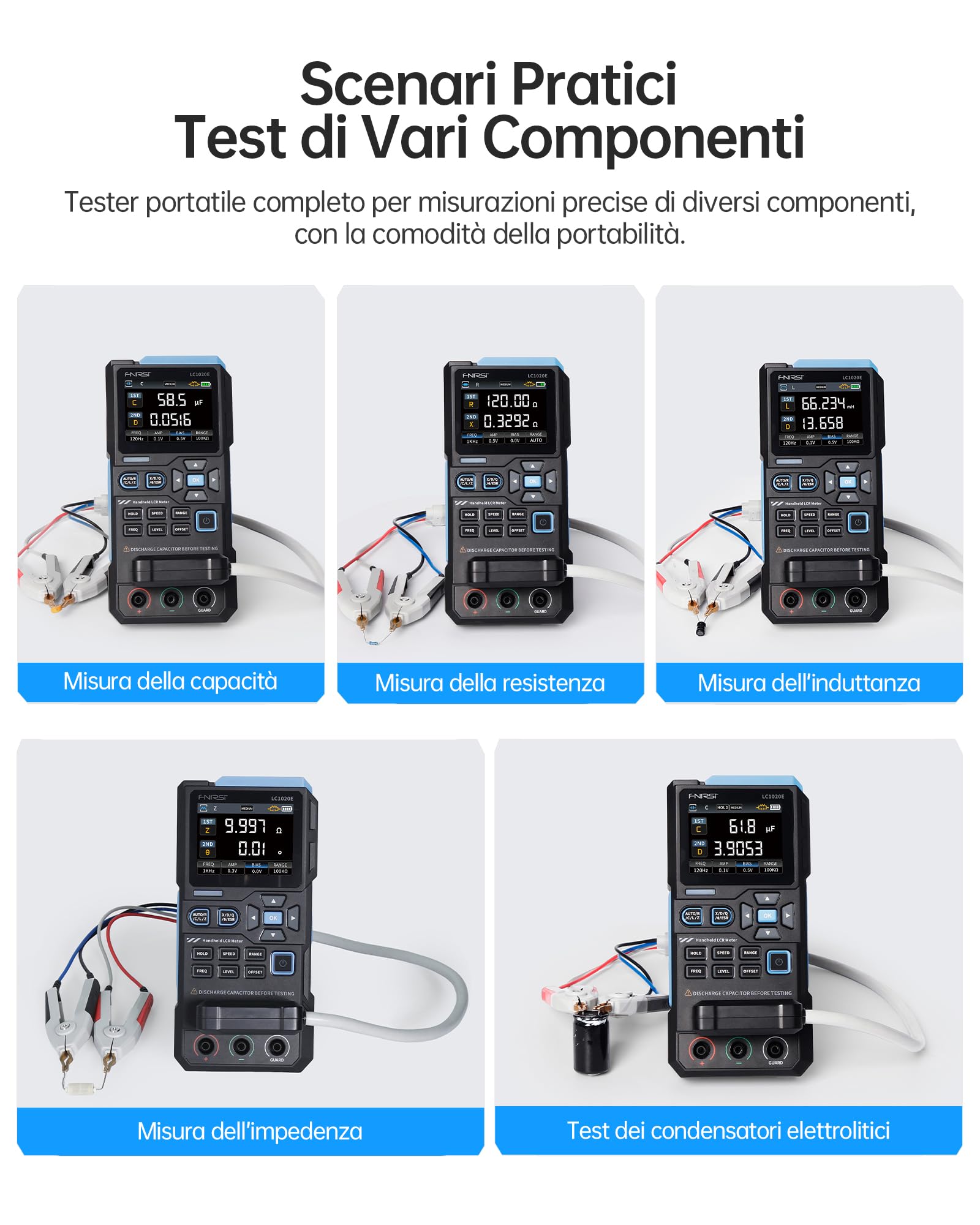 FNIRSI LC1020E Misuratore LCR 100kHz, Tester per Resistori Induttori Condensatori, 19999 Conteggi, Rilevamento Auto Componenti, Misura ESR/Q/D/θ/X, Doppio Parametro, Calibrazione Aperto/Cortocircuito