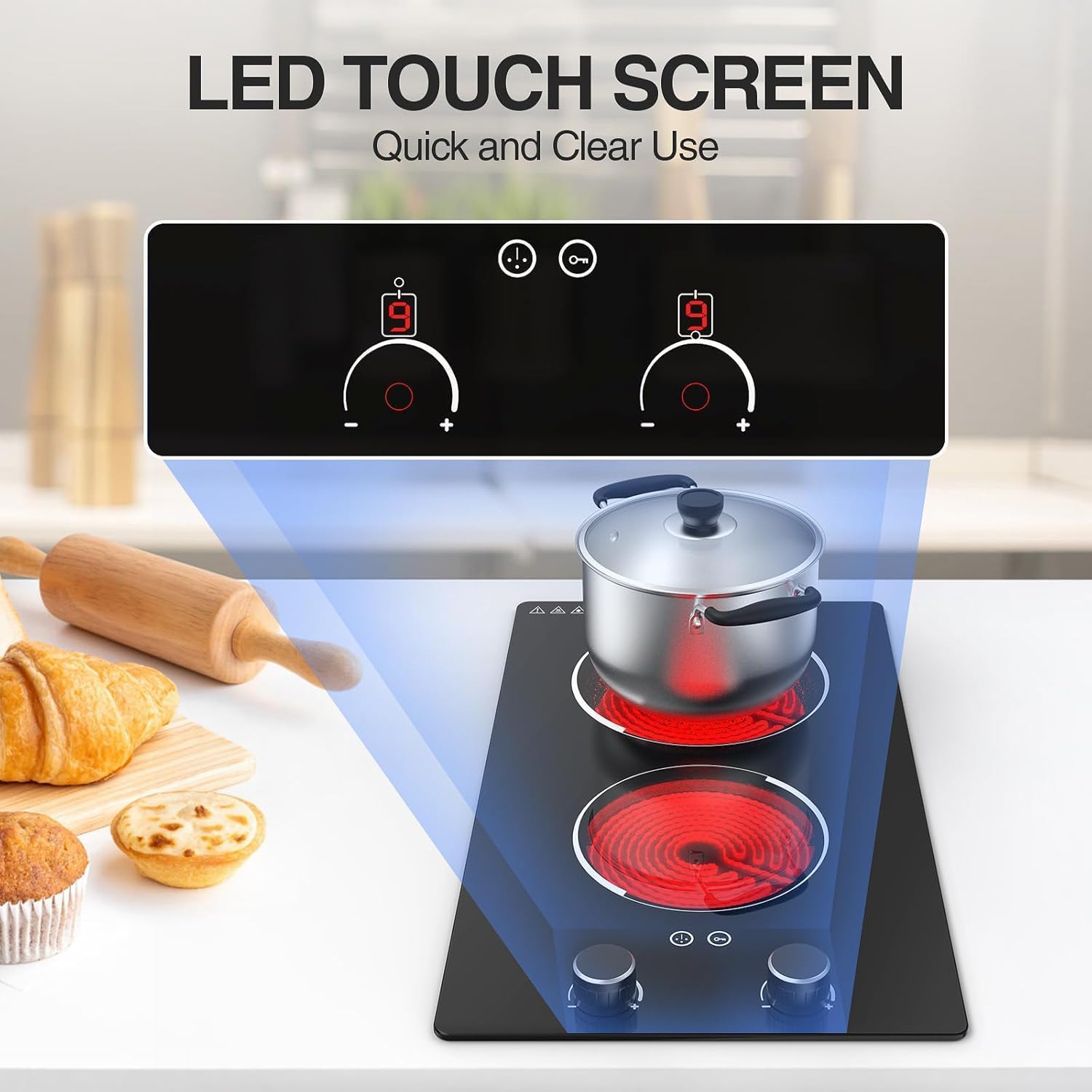 Plaque Vitrocéramique 2 Feux 3000W, Plaque de Cuisson Électrique Encastrable et Pose Libre 51cm, Compatible Tous Ustensiles, Réchaud avec Sécurité Enfant pour Appartement