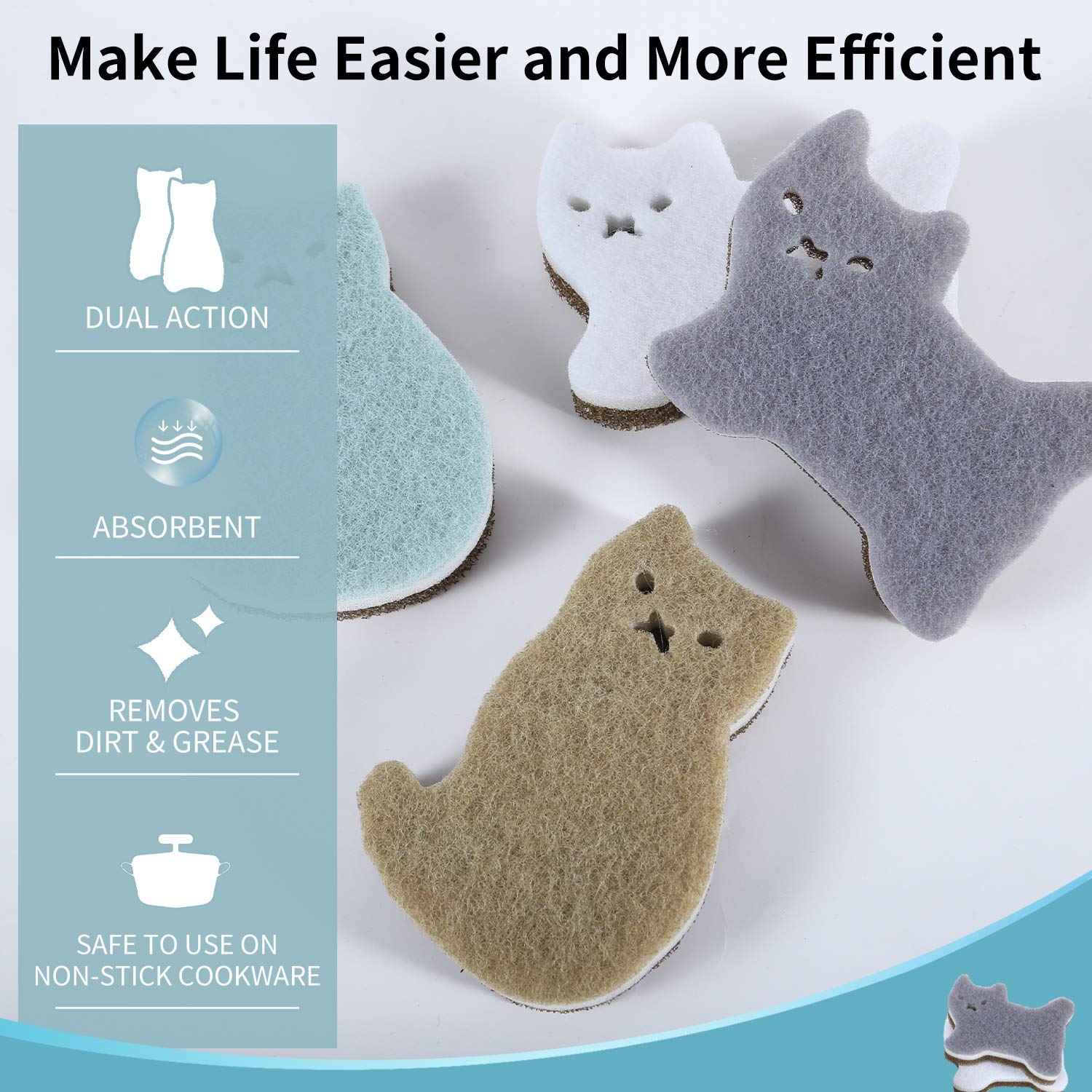 Spugne da cucina, antiscivolo, multiuso, resistenti, per piatti, pentole e padelle, a tre strati, a forma di gatto (confezione da 4) (gatto)