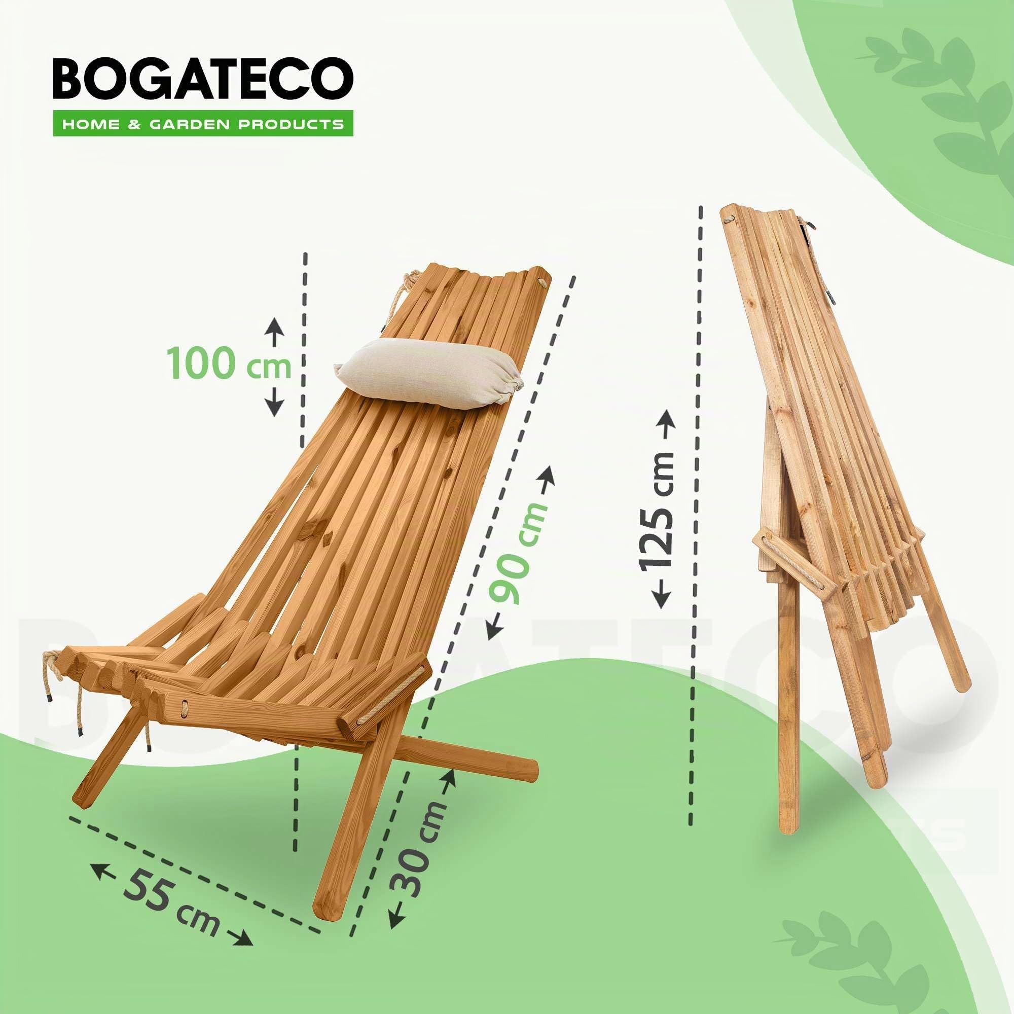 BOGATECO Sdraia da Giardino Pieghevole in Legno con Cuscino Poggiatesta - Lettino Prendisole per Piscina, Terrazza e Solarium - Sedia a Sdraio in Legno senza Metallo - 100 x 55 x 30 cm - Marrone