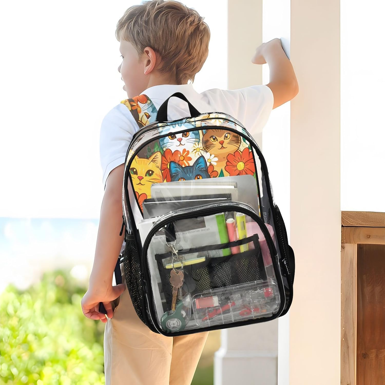 Cute Cat Kitten Flower Floral Clear Backpack Heavy Duty See Through Transparent PVC BookBag for Kids Boy Girl Adult School Work