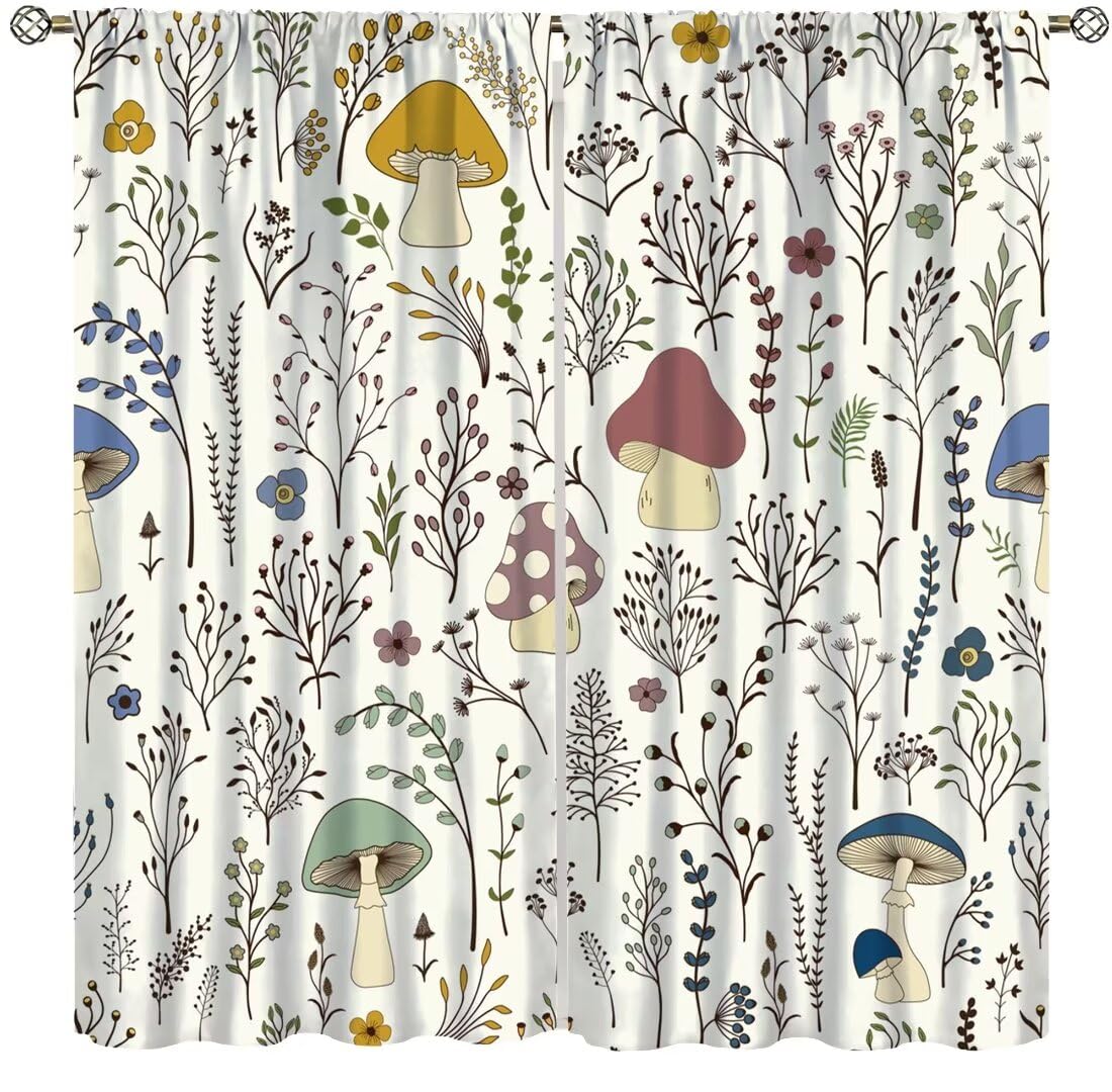 DDCBNS Mushroom Semi Sheer Curtains,Colorful Plant Forest Botanical Print Window Treatments for Bedroom Living Room Kitchen Cartoon Herbs Floral