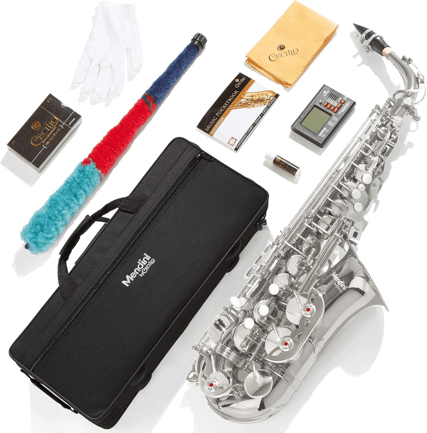 Alto Saxophone for Beginners, E Flat Alto Saxophone for Musicians with Tuner, Mouthpiece, Case, 10 Reeds, Grease, Cleaning Cloth & Rod, Gloves, Strap, Lesson Book (Silver)